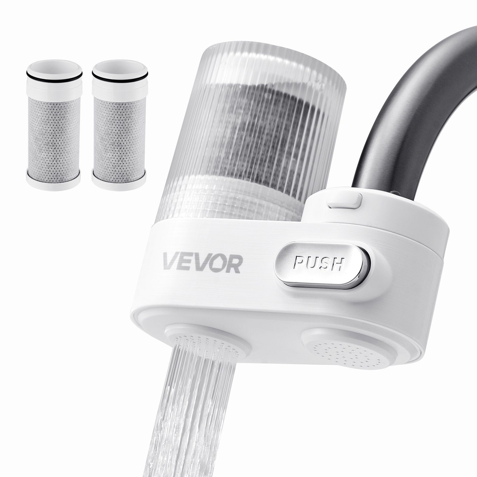 VEVOR Filtro de Agua de Fibra de Carbono para Grifo de Fregadero Purificador de Agua Vertical 2 Modos Elimina Cloro Plomo con 2 Filtros Compatible con la Mayoría de Grifos de Cocina, Baño, Blanco