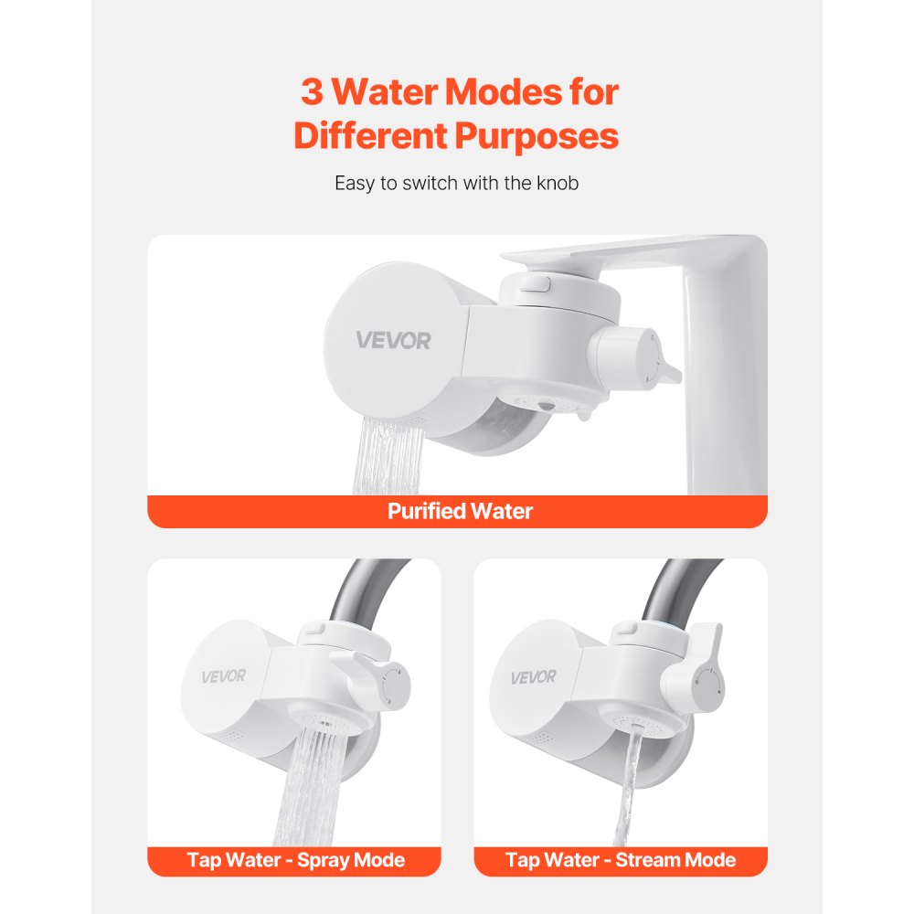 VEVOR Filtro de Agua de Fibra de Carbono para Grifo de Fregadero Purificador de Agua Horizontal 3 Modos Elimina Cloro Plomo con 1 Filtro Compatible con la Mayoría de Grifos de Cocina, Baño, Blanco