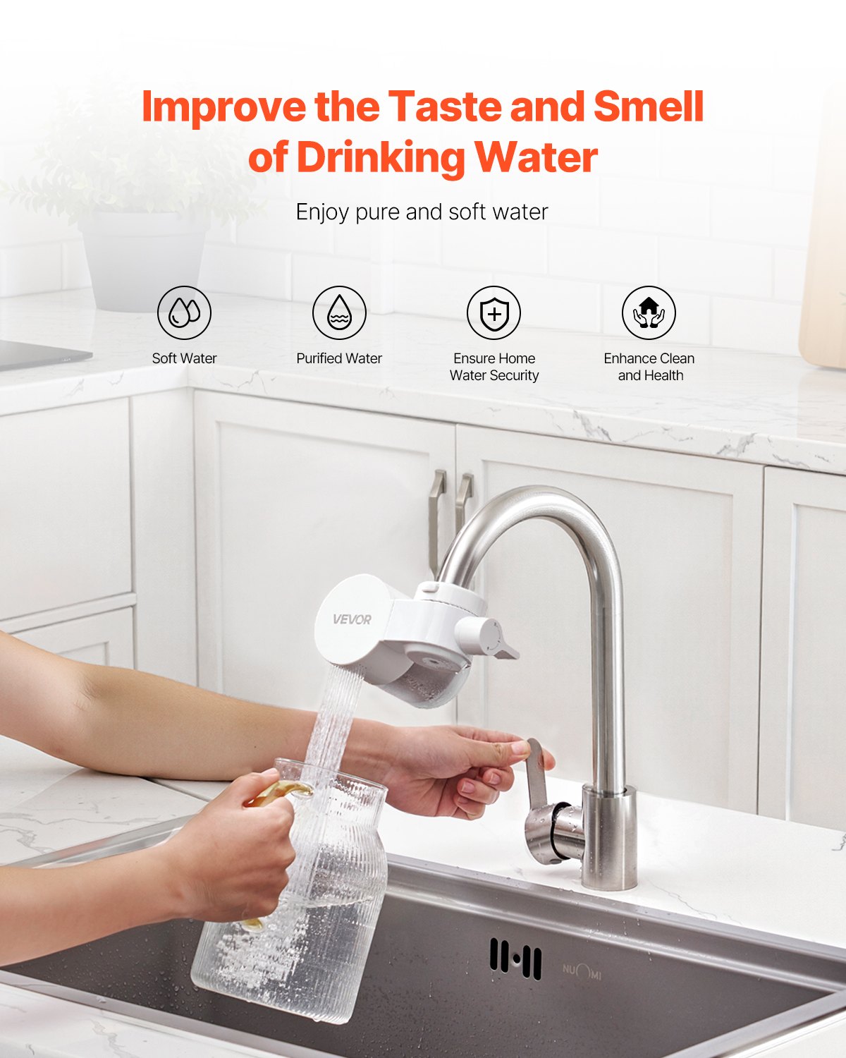 VEVOR Filtro de Agua de Fibra de Carbono para Grifo de Fregadero Purificador de Agua Horizontal 3 Modos Elimina Cloro Plomo con 1 Filtro Compatible con la Mayoría de Grifos de Cocina, Baño, Blanco