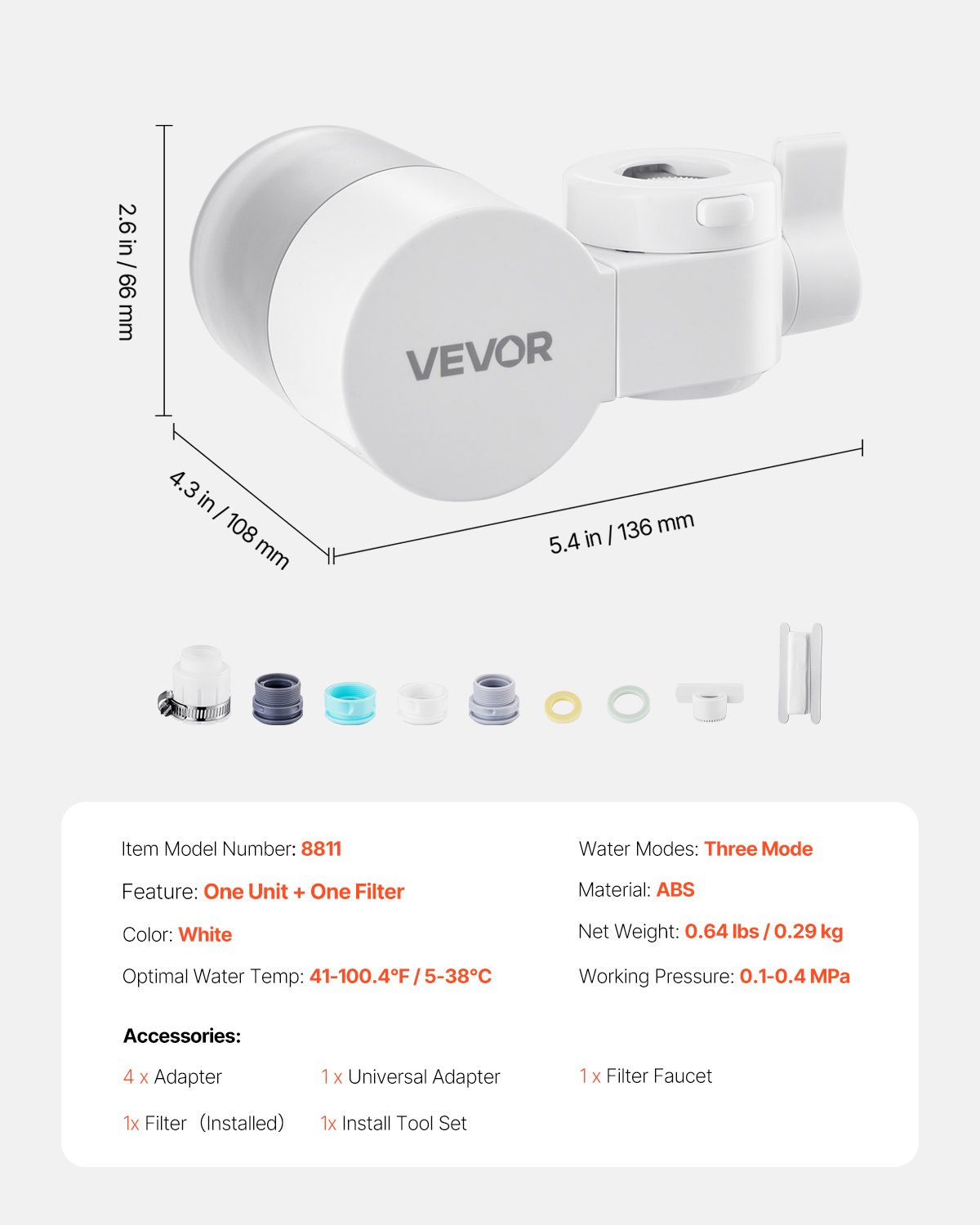 VEVOR Filtro de Agua de Fibra de Carbono para Grifo de Fregadero Purificador de Agua Horizontal 3 Modos Elimina Cloro Plomo con 1 Filtro Compatible con la Mayoría de Grifos de Cocina, Baño, Blanco