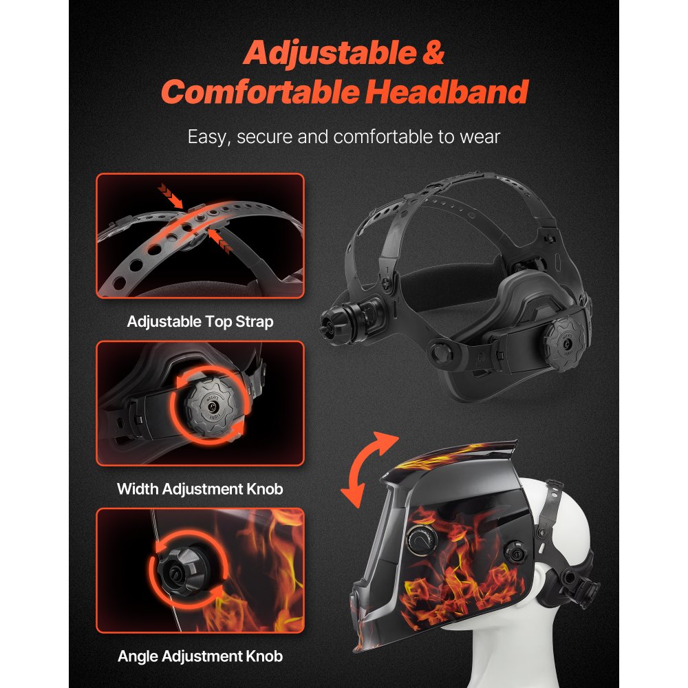 VEVOR Casco de Soldadura con Oscurecimiento Automático Solar, con 2 Sensores de Arco, de Tono DIN 4/9-13, para Soldadura TIG, MIG y Arco, Amolado, Patrón de Llama Amarillo, 350 x 260 x 220 mm