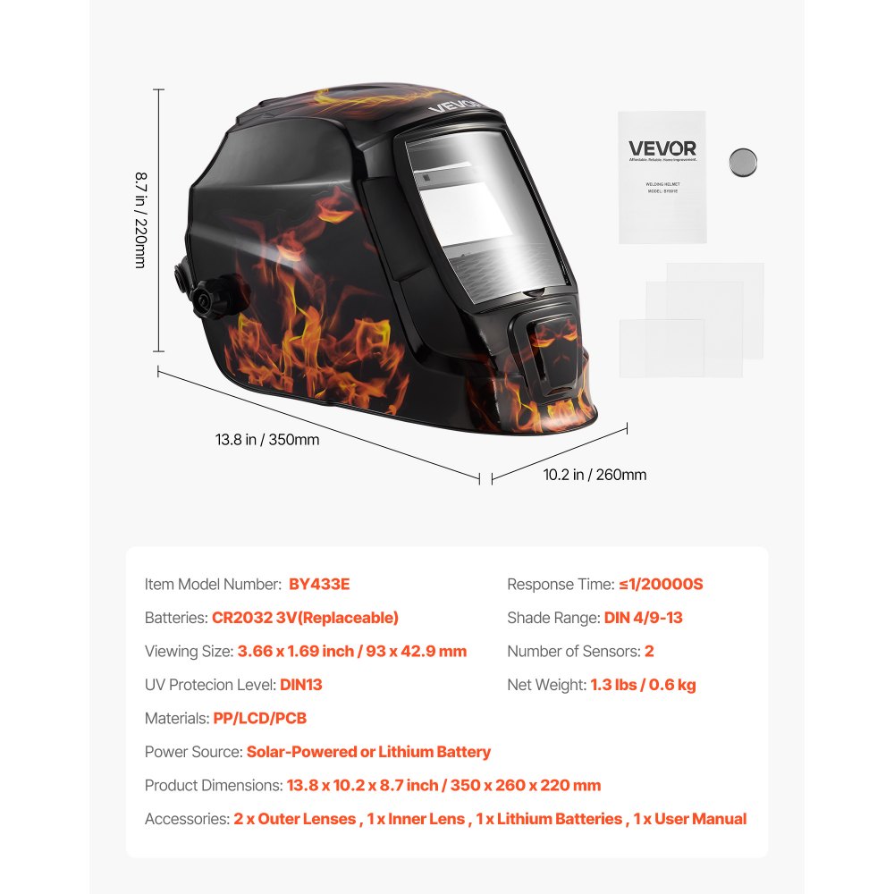 VEVOR Casco de Soldadura con Oscurecimiento Automático Solar, con 2 Sensores de Arco, de Tono DIN 4/9-13, para Soldadura TIG, MIG y Arco, Amolado, Patrón de Llama Amarillo, 350 x 260 x 220 mm