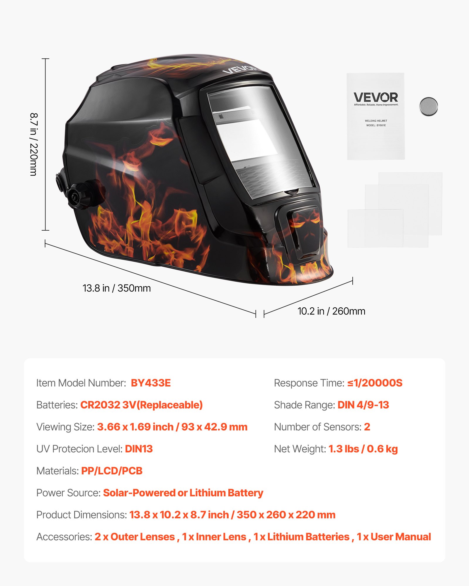 VEVOR Casco de Soldadura con Oscurecimiento Automático Solar, con 2 Sensores de Arco, de Tono DIN 4/9-13, para Soldadura TIG, MIG y Arco, Amolado, Patrón de Llama Amarillo, 350 x 260 x 220 mm
