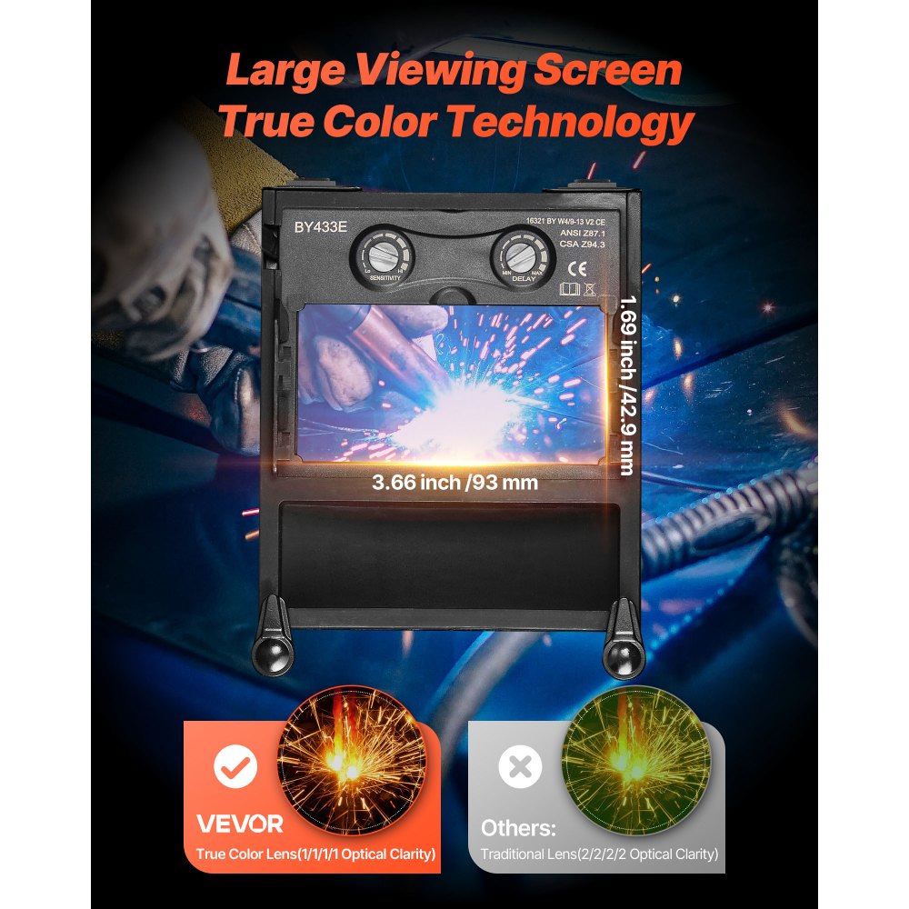 VEVOR Casco de Soldadura, con Oscurecimiento Automático Solar, Visión Amplia de 93 x 42,9 mm, con 2 Sensores de Arco, Tono DIN 4/9-13, para Soldadura TIG, MIG y Arco, Esmerilado, Rayos Azules