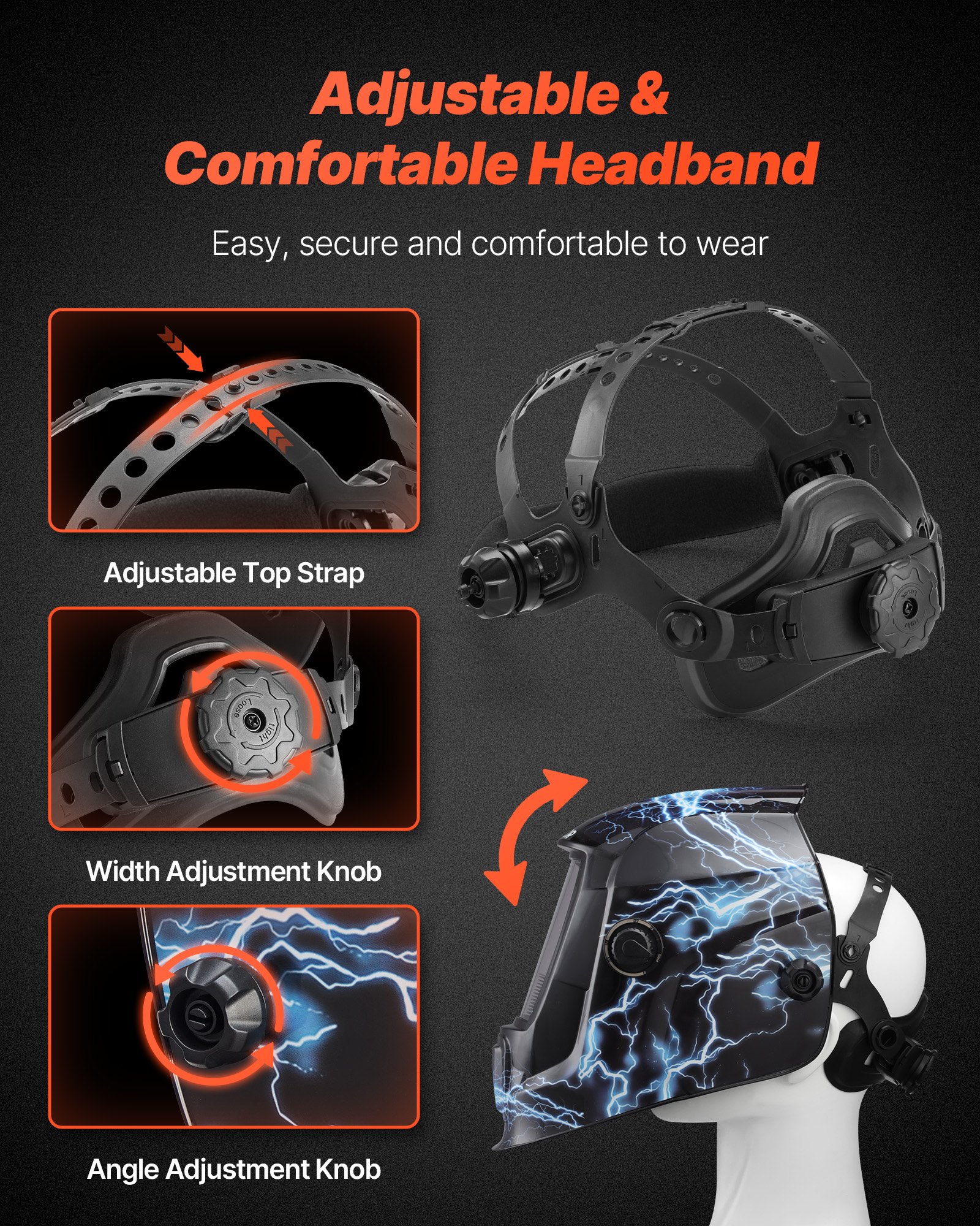 VEVOR Casco de Soldadura, con Oscurecimiento Automático Solar, Visión Amplia de 93 x 42,9 mm, con 2 Sensores de Arco, Tono DIN 4/9-13, para Soldadura TIG, MIG y Arco, Esmerilado, Rayos Azules