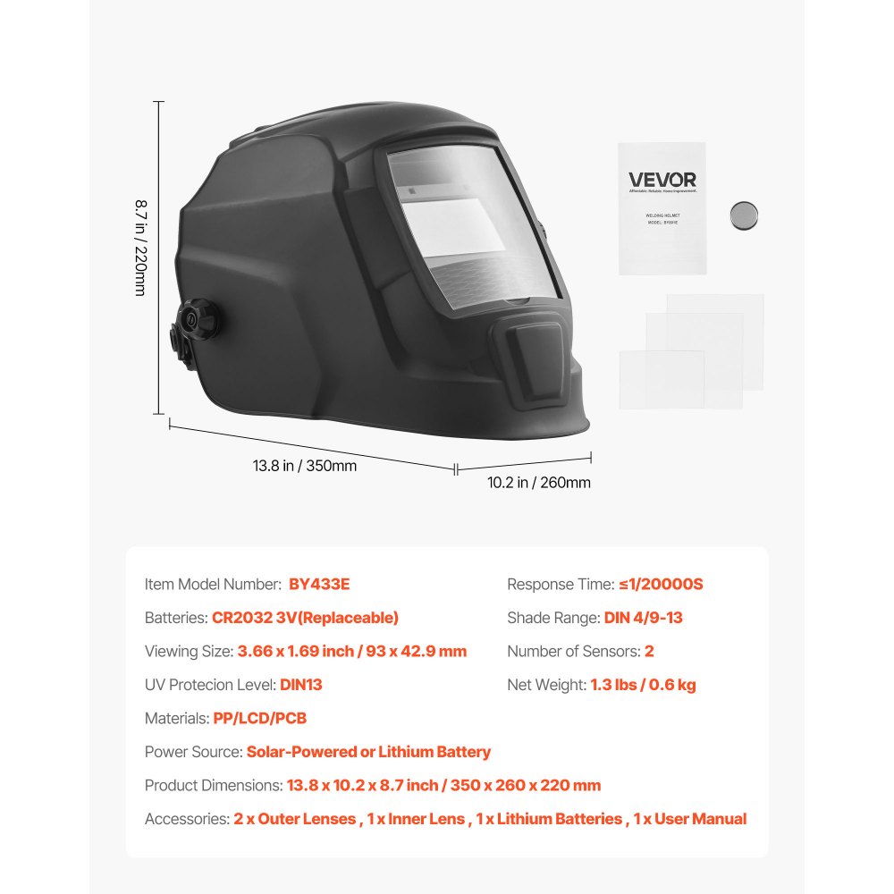 VEVOR Casco de Soldadura, con Oscurecimiento Automático Solar, Color Verdadero, Visión Amplia, 93 x 42,9 mm, con 2 Sensores Arco, Tono DIN 4/9-13, a Soldadura TIG, MIG y Arco, Amolado, Negro Mate