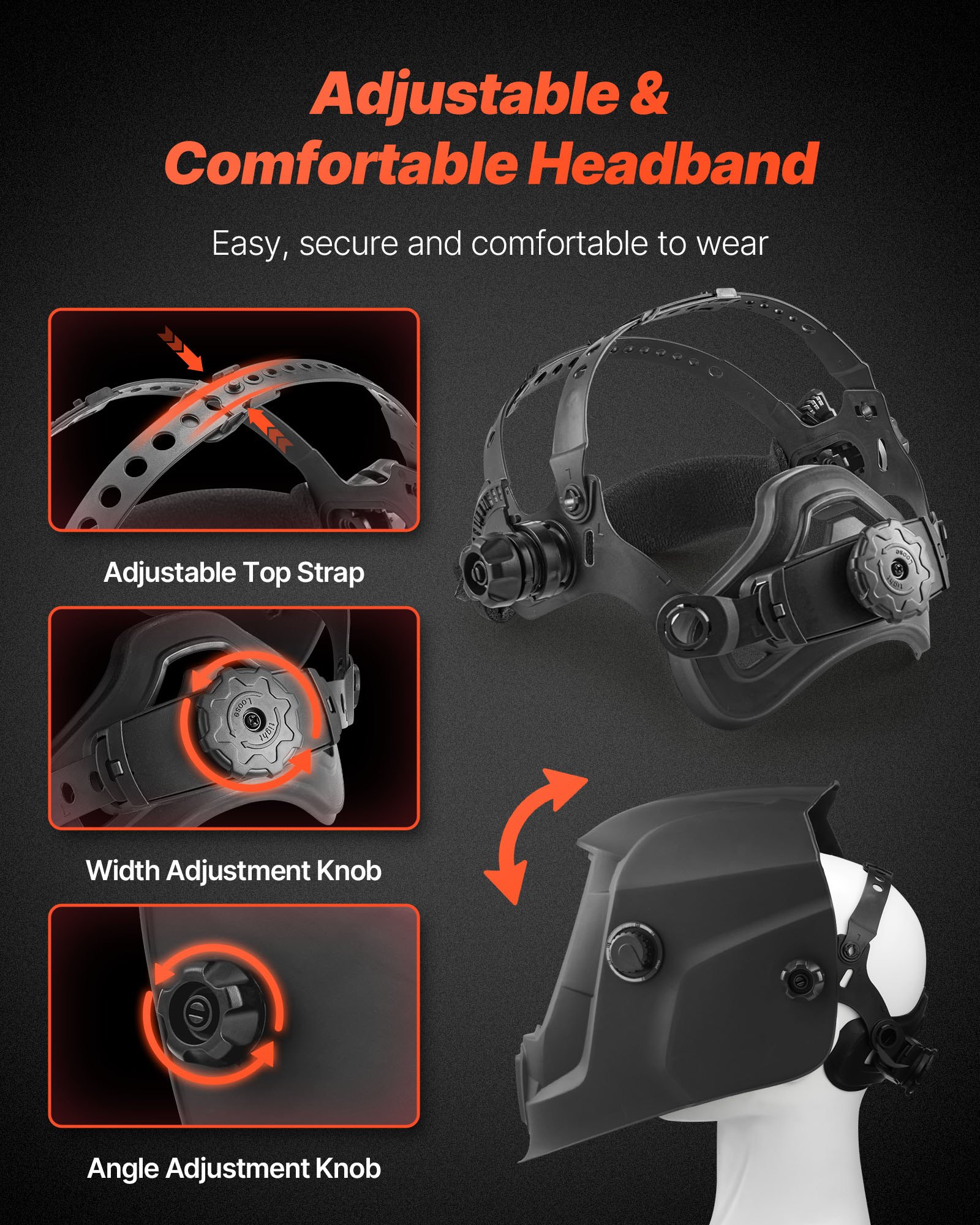 VEVOR Casco de Soldadura, con Oscurecimiento Automático Solar, Color Verdadero, Visión Amplia, 93 x 42,9 mm, con 2 Sensores Arco, Tono DIN 4/9-13, a Soldadura TIG, MIG y Arco, Amolado, Negro Mate