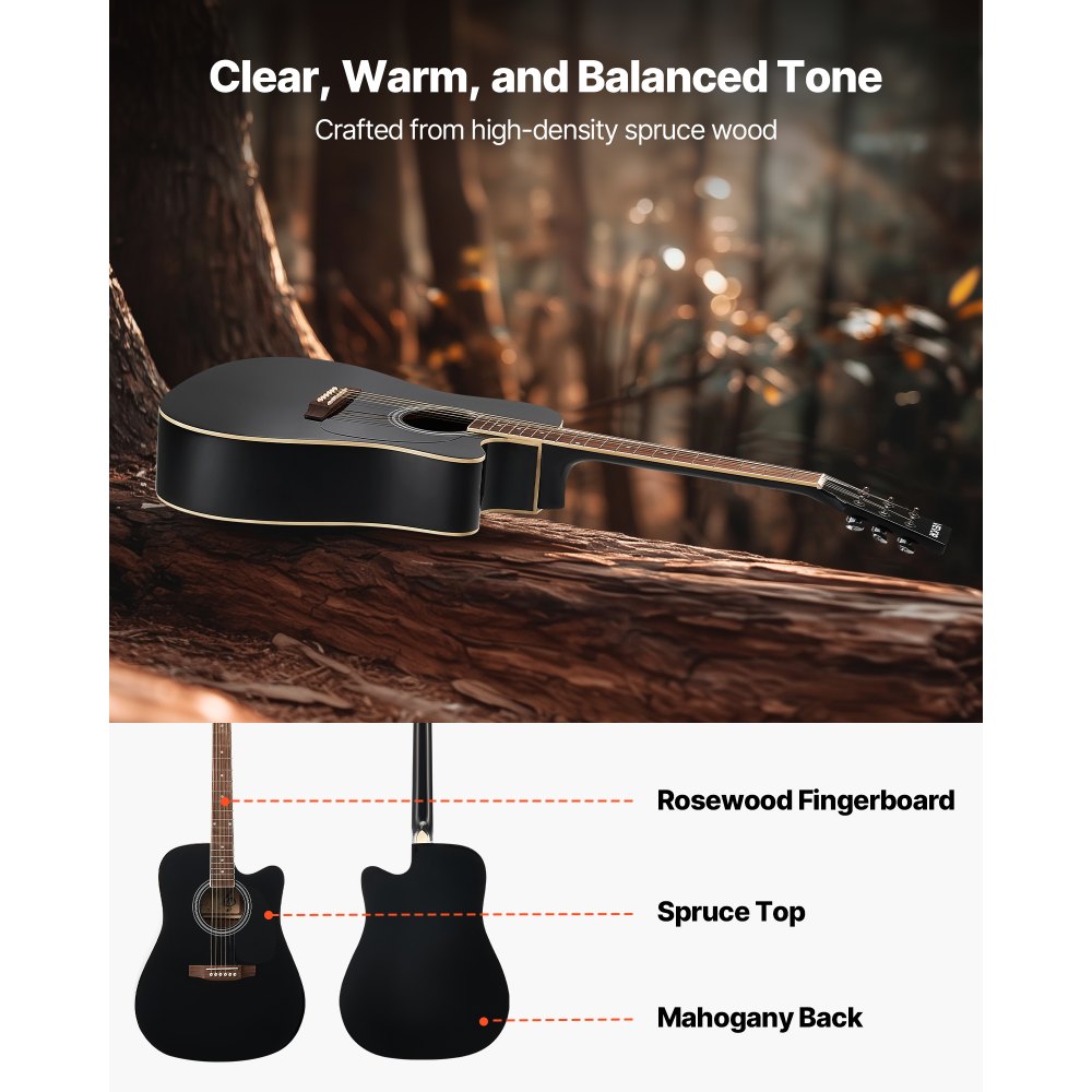 VEVOR Guitarra Acústica con Corte de 1041,4 mm (41 inch) con Tapa de Abeto Macizo Negro