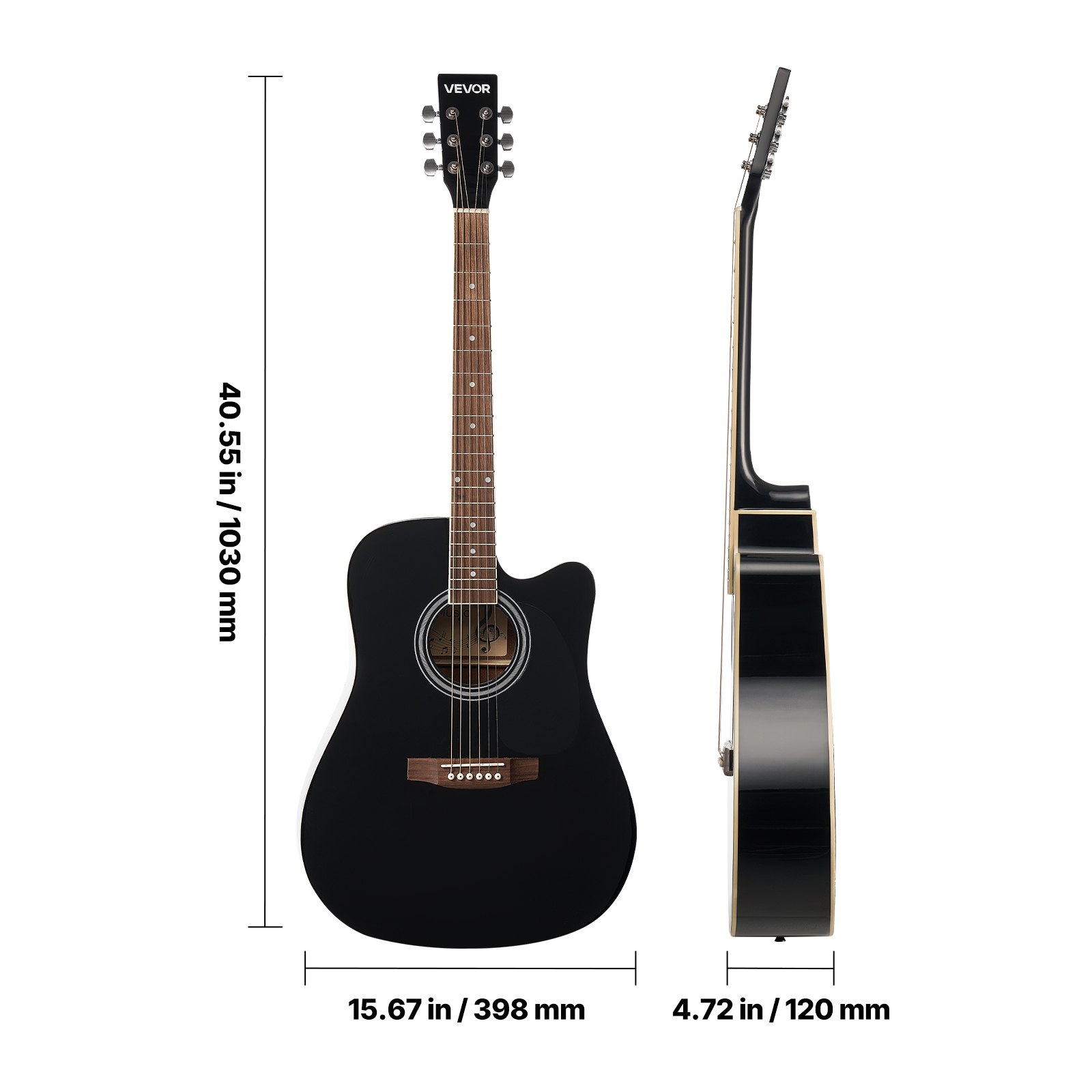 VEVOR Cutway Acoustic Guitar, 1041.4 mm, 6-String Black Solid Spruce Top Guitar, Beginner Bundle with Gig Bag, Tuner, Strap, Strings, Picks, Capo, Rosewood Fingerboard, for Adult Fingerstyle Solo Jazz