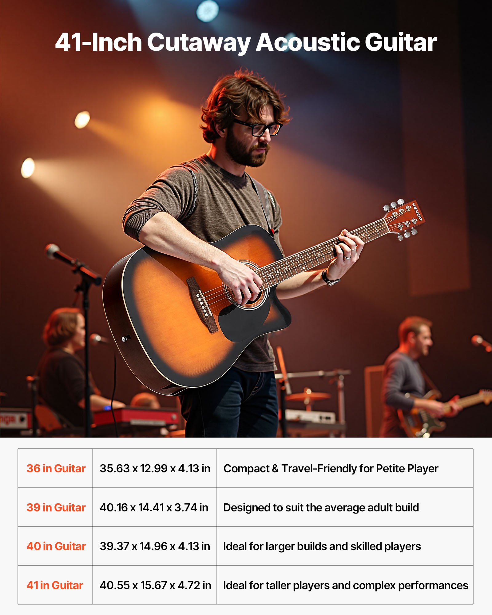 VEVOR Guitarra Acústica con Corte 1041,4 mm (41 inch) con Tapa Maciza de Resplandor Solar