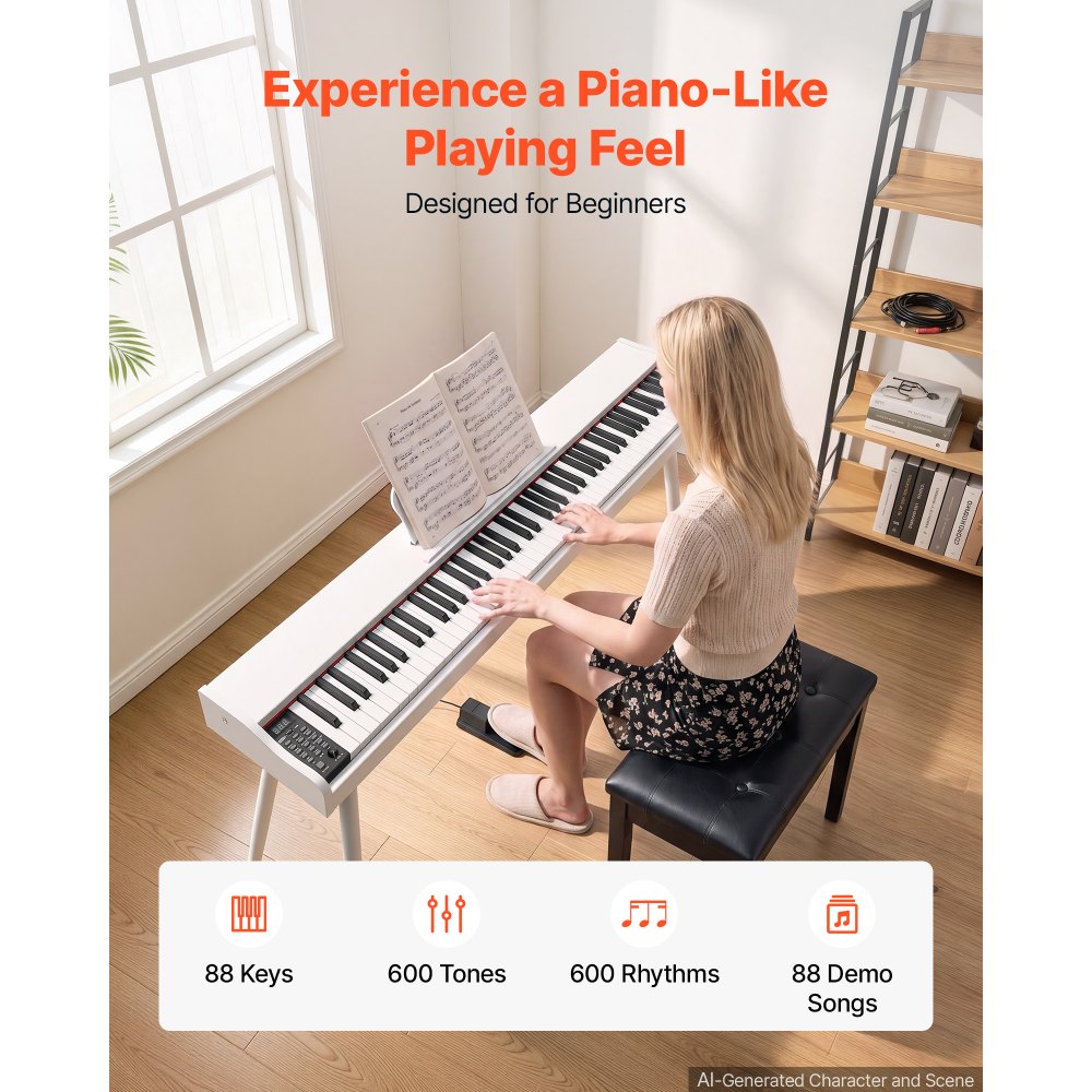 VEVOR Piano Eléctrico de Tamaño Completo de 88 Tecla, con Soporte, para Principiantes, 600 Tonos y 600 Ritmos, con Pedal, Altavoz, Conector para Auriculares, USB/MIDI, Adaptador de Corriente, Blanco