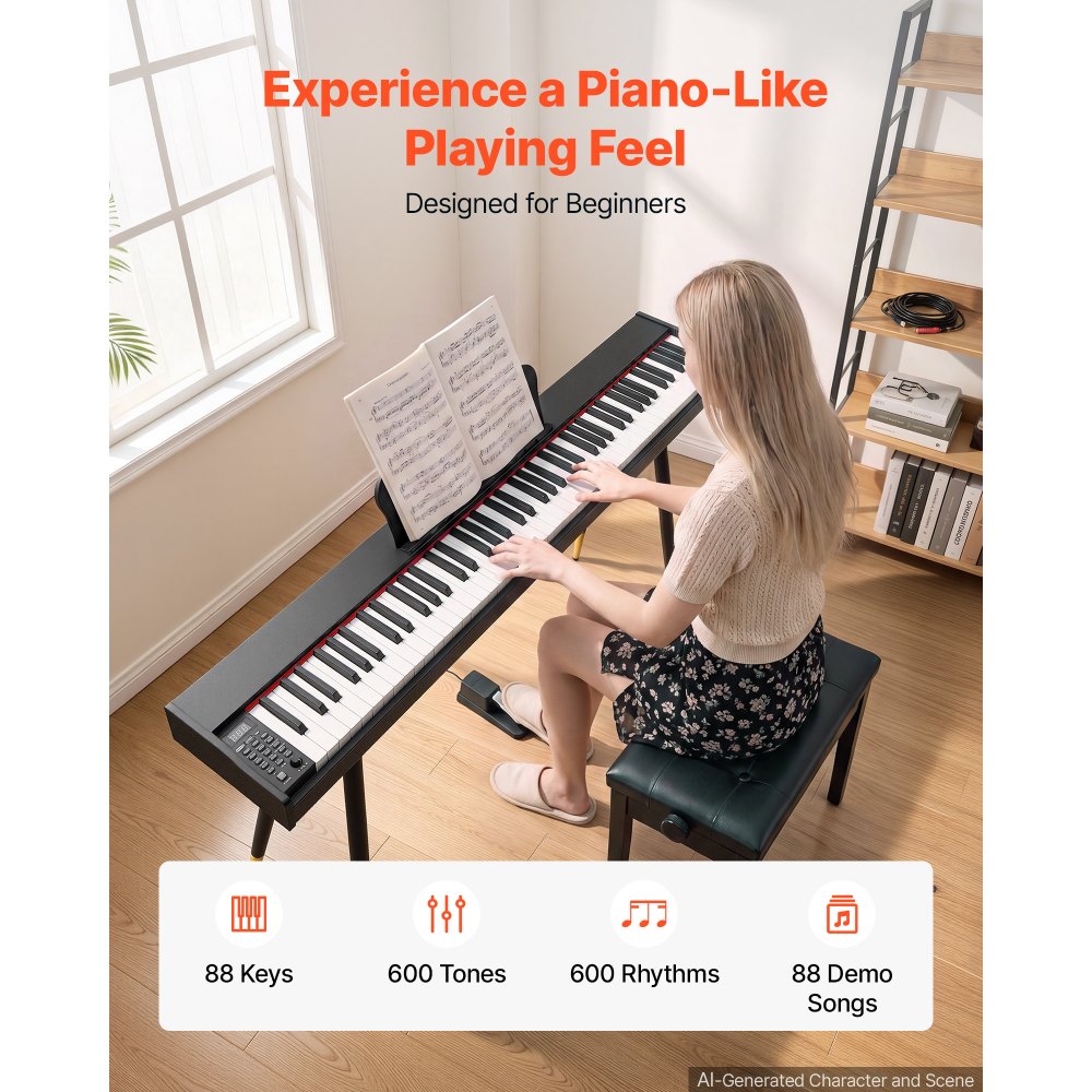VEVOR Piano Eléctrico de Tamaño Completo de 88 Teclas, con Soporte, 600 Tonos y 600 Ritmos, con Pedal, Altavoz, Conector para Auriculares, USB/MIDI, Adaptador de Corriente, para Principiantes, Negro