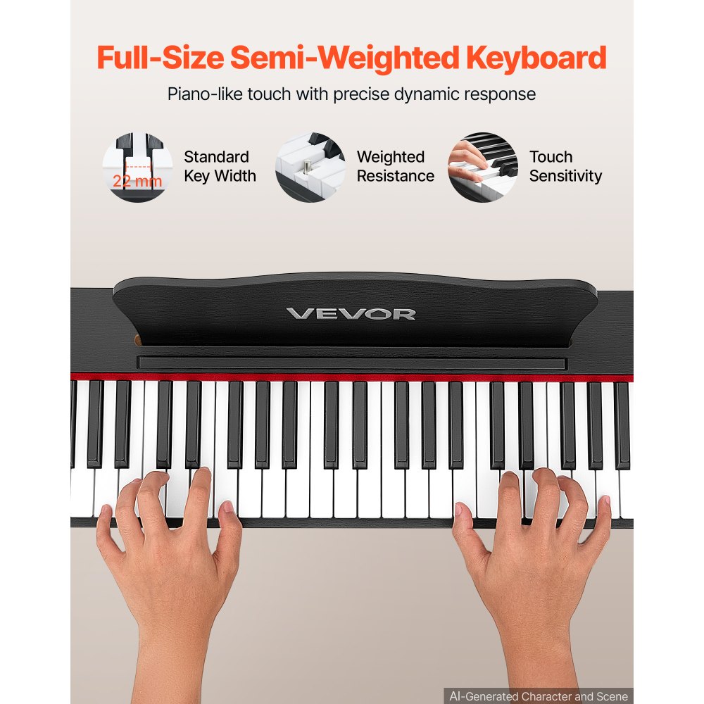 VEVOR Piano Eléctrico de Tamaño Completo de 88 Teclas, con Soporte, 600 Tonos y 600 Ritmos, con Pedal, Altavoz, Conector para Auriculares, USB/MIDI, Adaptador de Corriente, para Principiantes, Negro