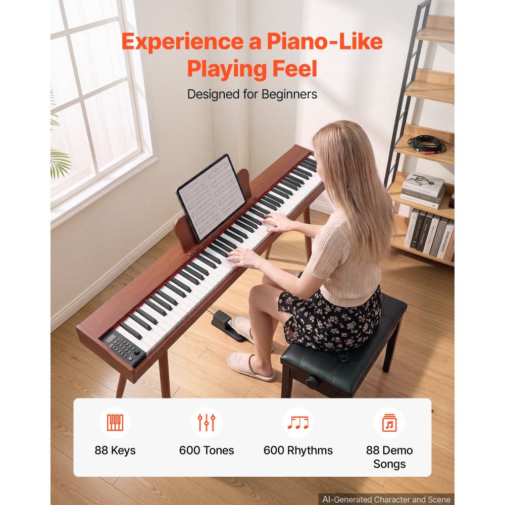 VEVOR Piano Eléctrico de Tamaño Completo de 88 Teclas, con Soporte, 600 Tonos y 600 Ritmos, con Pedal, Altavoz, Conector para Auriculares, USB/MIDI, Adaptador de Corriente, para Principiantes, Marrón
