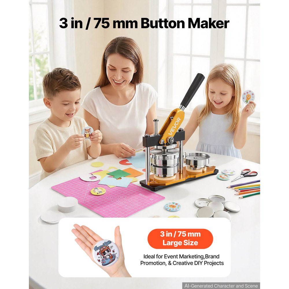VEVOR Máquina para Fabricar Botones Diámetro de 75 mm Cortador de Círculo de Insignia 28 x 10 x 36 cm de Acero y Aleación de Aluminio Máquina para Hacer Pines Chapas Personalizadas Manual 100 Piezas