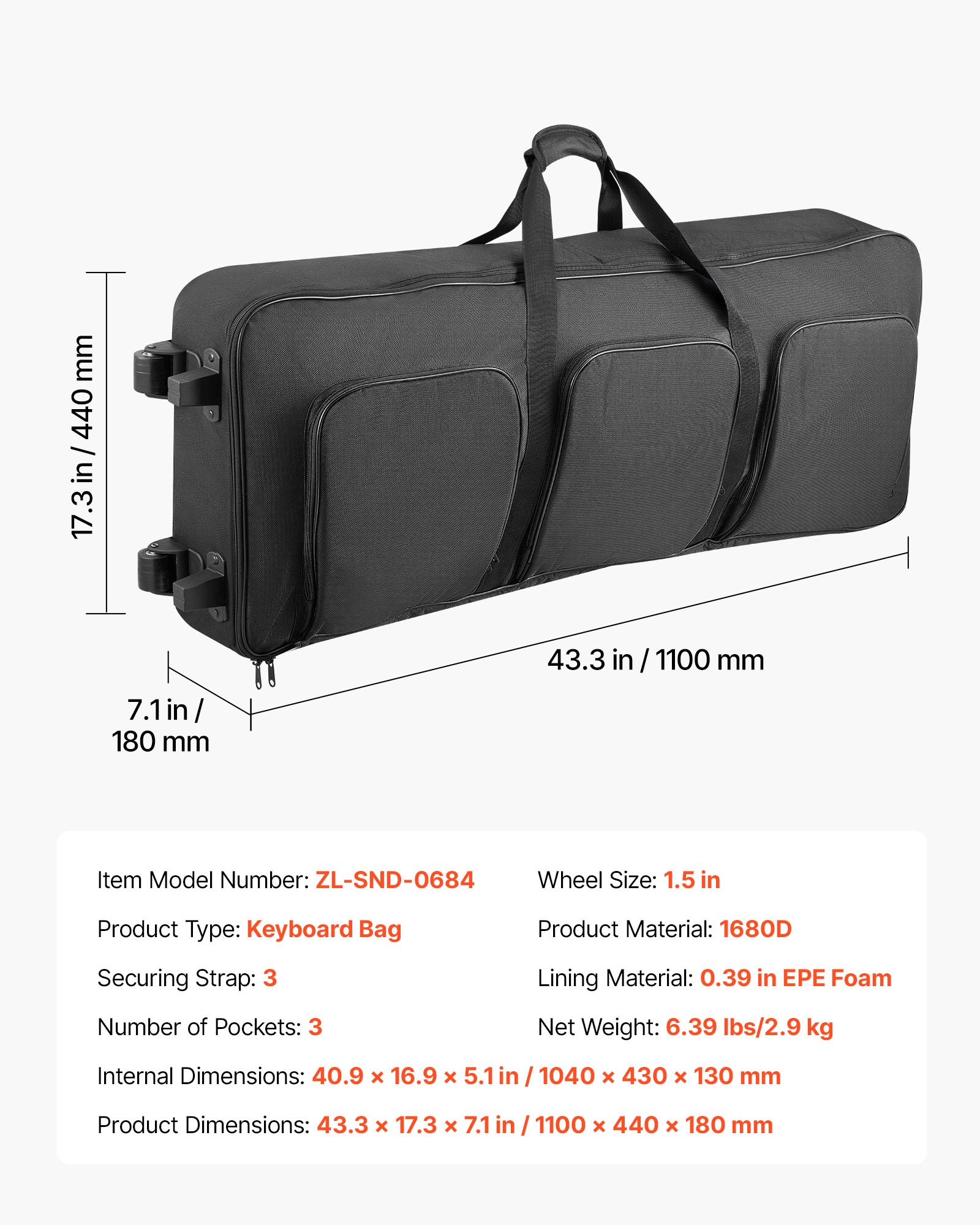 VEVOR Funda Acolchada Portátil para Teclado de Piano Eléctrico, 61 Teclas, 104 x 43 x 13 cm, Bolsa para Teclado con Asas y Ruedas, Tela 1680D Impermeable, para Transporte de Instrumentos, Negro