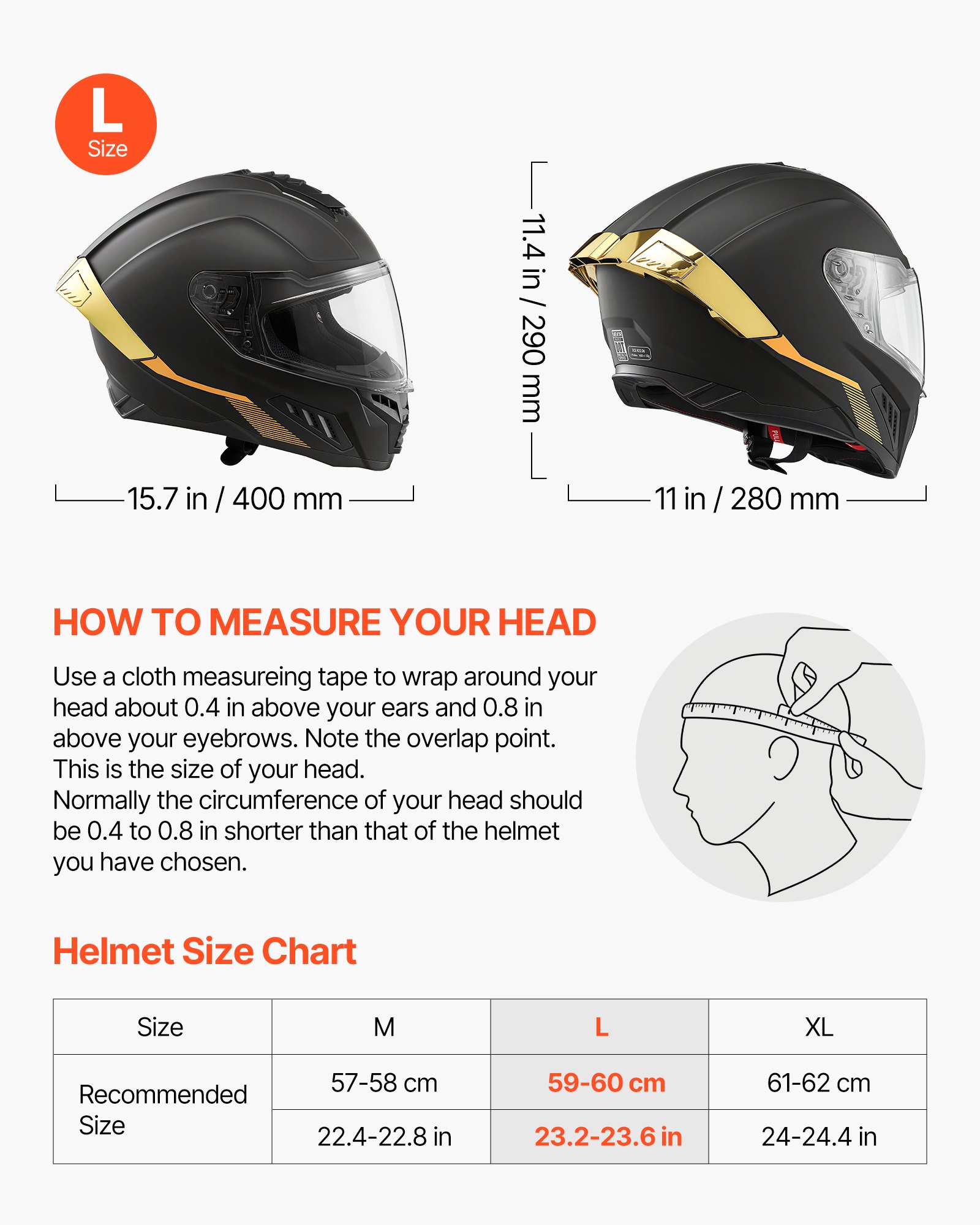 VEVOR Casco de Moto Integral Talla L, Casco Integral para Motocicleta con Visera Doble, Carcasa de ABS, Ligero y Cómodo para Adultos, para Motocross y Motociclismo Urbano, Homologado por DOT y ECE