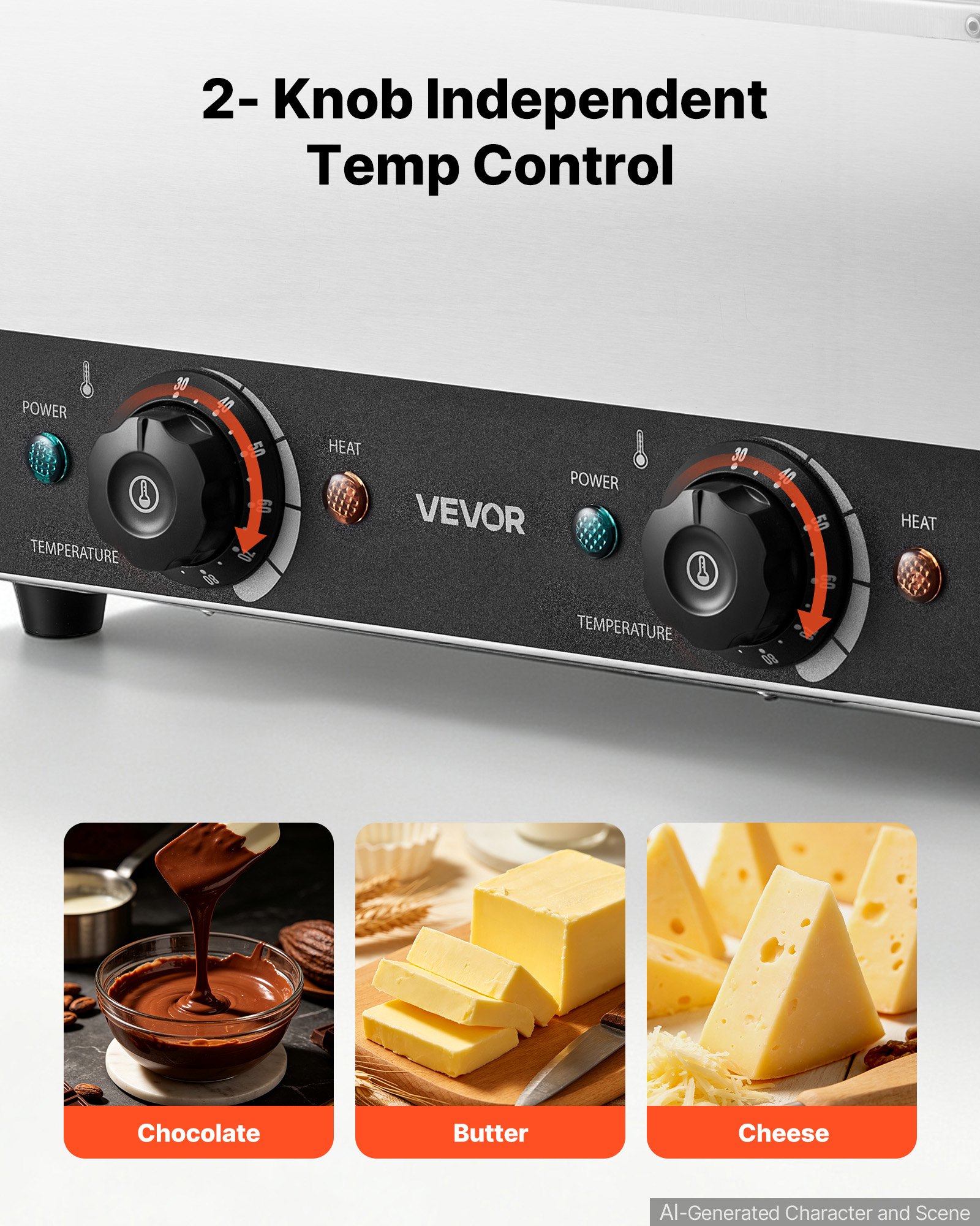VEVOR Máquina para Derretir Chocolate 2 Tanques 1600W con 2 Perillas de Temperatura 30 a 85°C Control de Temperatura Independiente, Sistema de Calentamiento por Baño de Agua, Uso Comercial y Doméstico