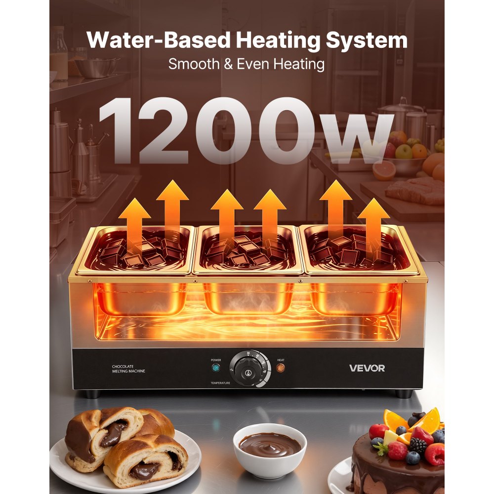 VEVOR Máquina para Derretir Chocolate 1200 W 3 Tanques, Fundidora de Chocolate de Acero Inoxidable, Rango de Temperatura de 30°C a 85°C, Sistema de Calentamiento por Baño de Agua, para Queso y Leche
