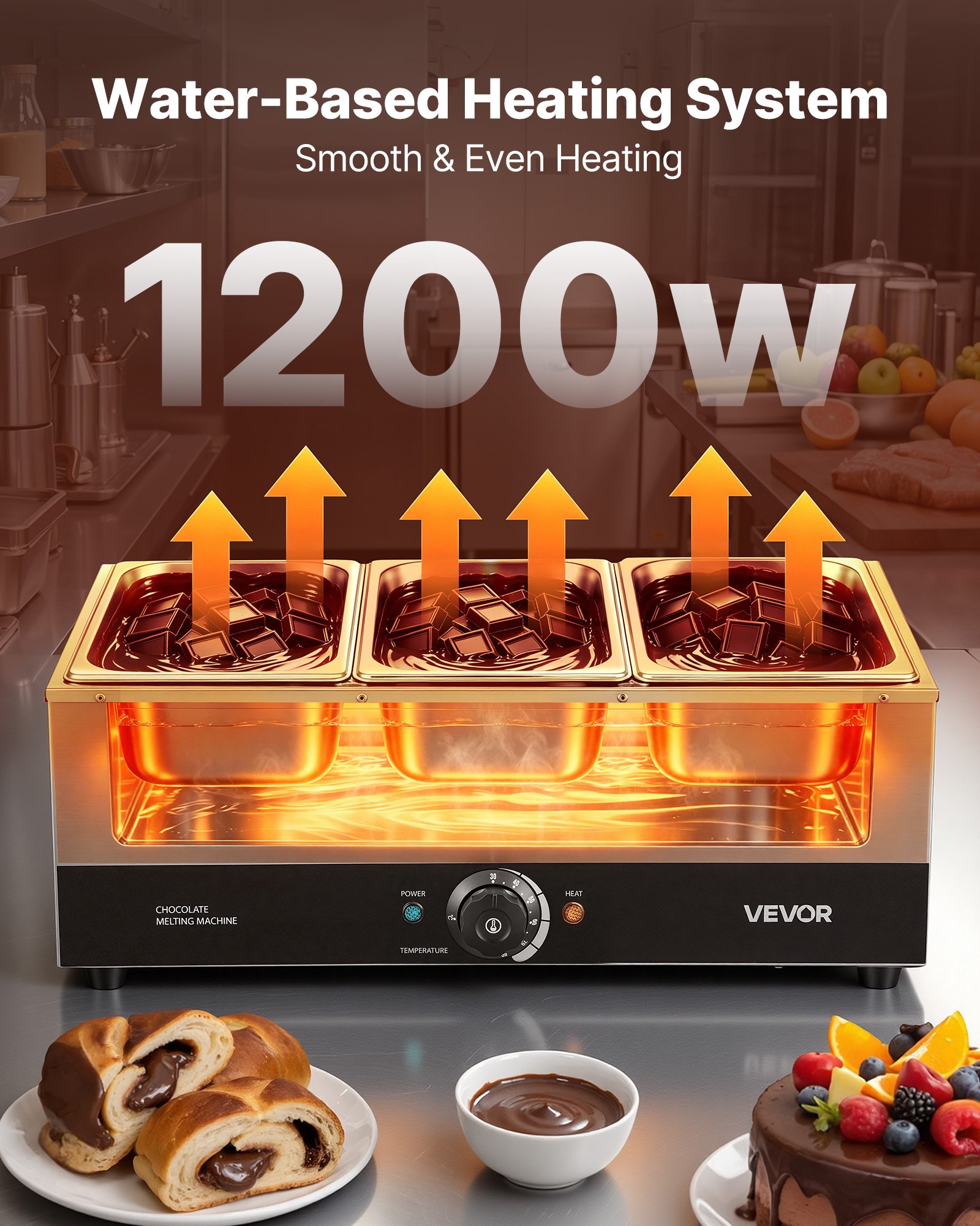 VEVOR Máquina para Derretir Chocolate 1200 W 3 Tanques, Fundidora de Chocolate de Acero Inoxidable, Rango de Temperatura de 30°C a 85°C, Sistema de Calentamiento por Baño de Agua, para Queso y Leche
