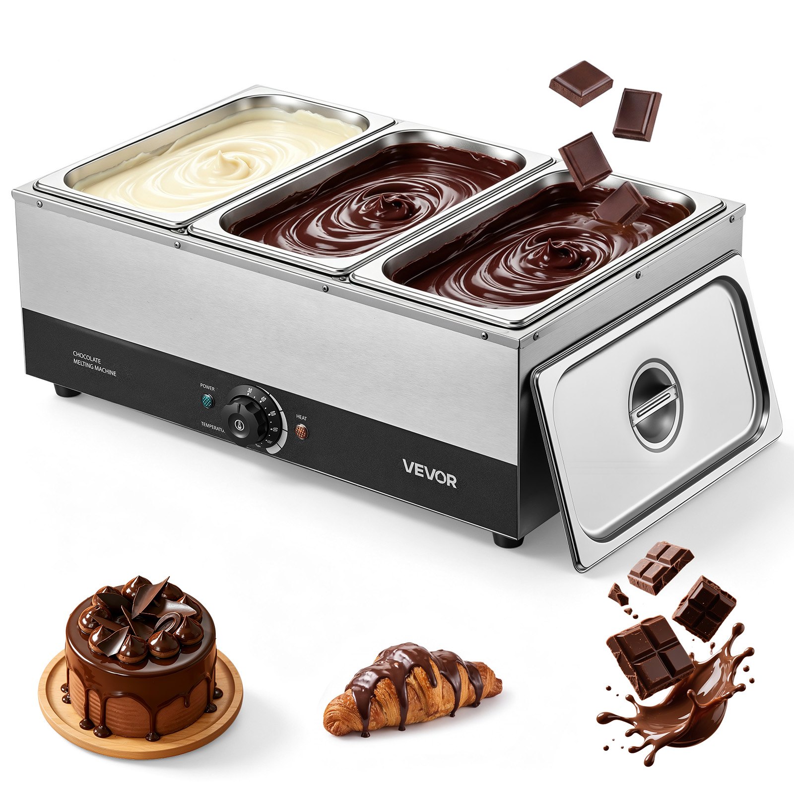 VEVOR Máquina para Derretir Chocolate 1200 W 3 Tanques, Fundidora de Chocolate de Acero Inoxidable, Rango de Temperatura de 30°C a 85°C, Sistema de Calentamiento por Baño de Agua, para Queso y Leche