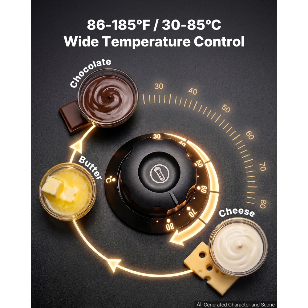 VEVOR Máquina para Derretir Chocolate 1200 W 2 Tanques, Fundidora de Chocolate de Acero Inoxidable, Rango de Temperatura de 30°C a 85°C, Sistema de Calentamiento por Baño de Agua, para Queso y Leche