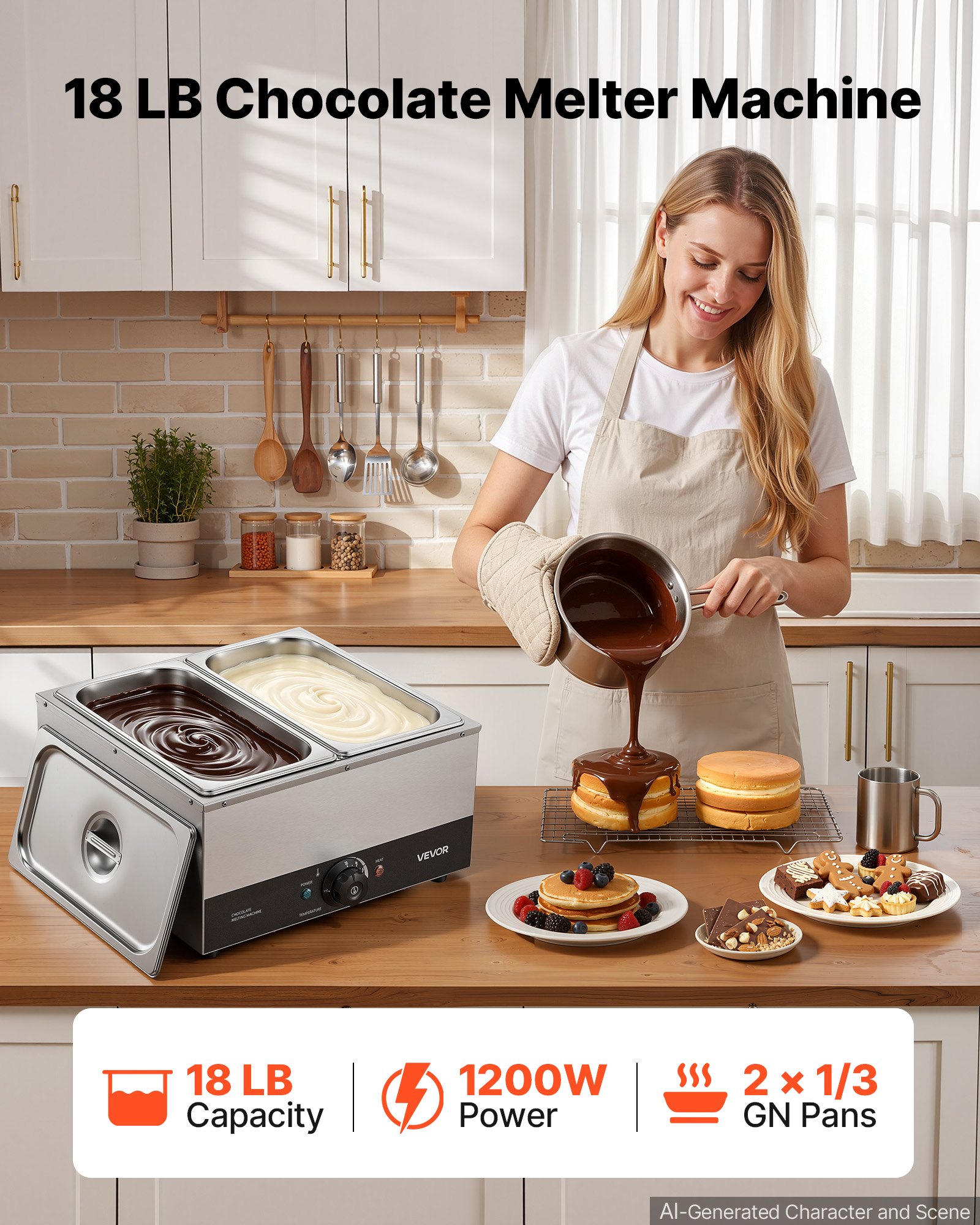 VEVOR Máquina para Derretir Chocolate 1200 W 2 Tanques, Fundidora de Chocolate de Acero Inoxidable, Rango de Temperatura de 30°C a 85°C, Sistema de Calentamiento por Baño de Agua, para Queso y Leche