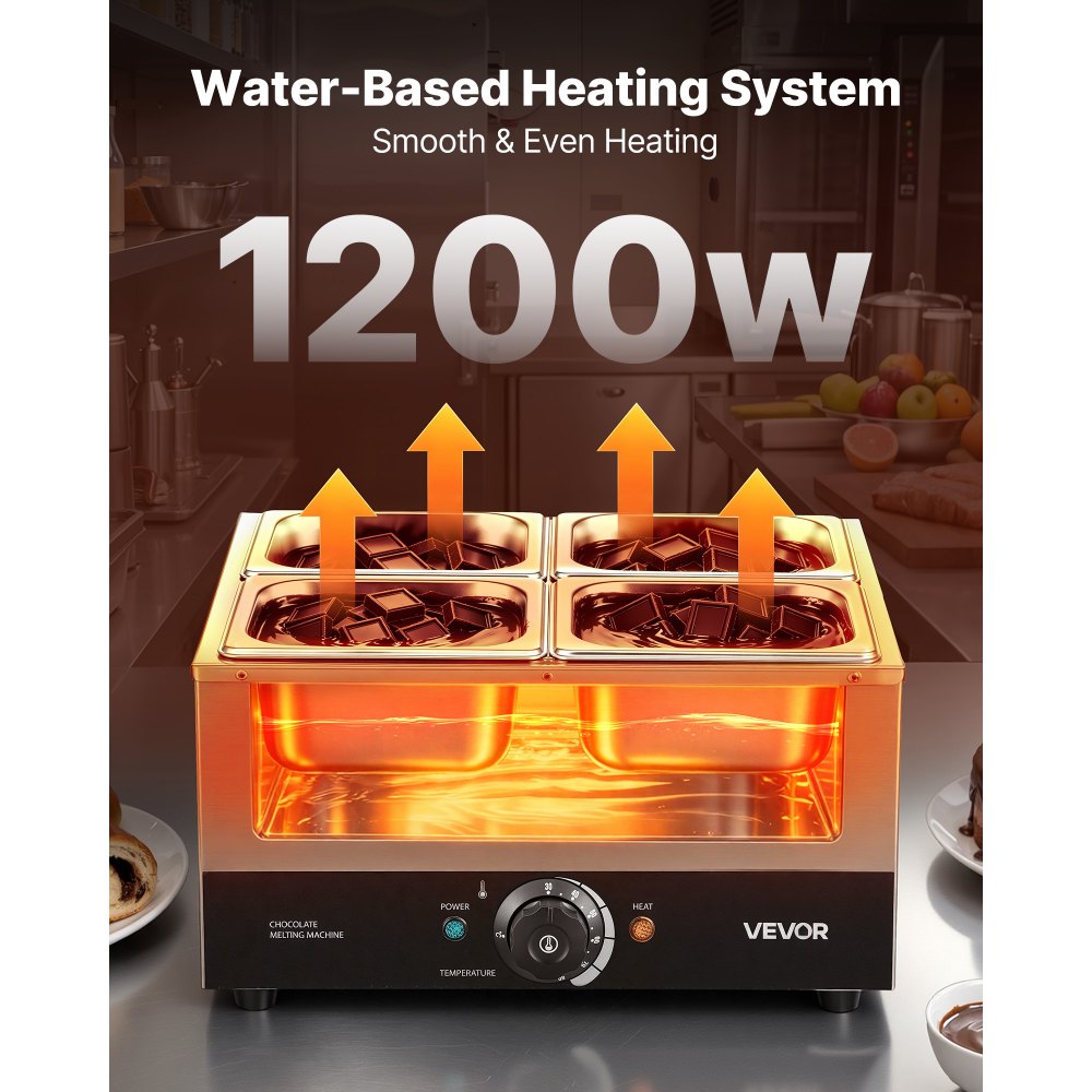 VEVOR Máquina para Derretir Chocolate 1200 W 4 Tanques, Fundidora de Chocolate de Acero Inoxidable, Rango de Temperatura de 30°C a 85°C, Sistema de Calentamiento por Baño de Agua, para Queso y Leche