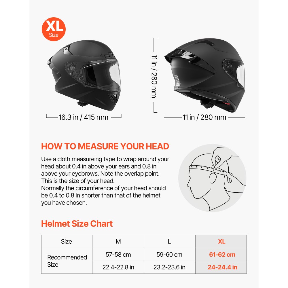 VEVOR Casco de Moto Integral Talla XL, Casco Integral para Motocicleta con Visera Transparente, Carcasa de ABS, Ligero y Cómodo para Adultos, para Motocross y Motociclismo, Homologado por DOT y ECE