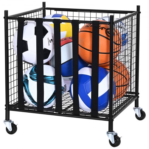 VEVOR Carro de almacenamiento de pelotas deportivas con ruedas, jaula de baloncesto con cerradura con correas elásticas, organizador de equipos deportivos para garajes, grupos de juegos, gimnasios