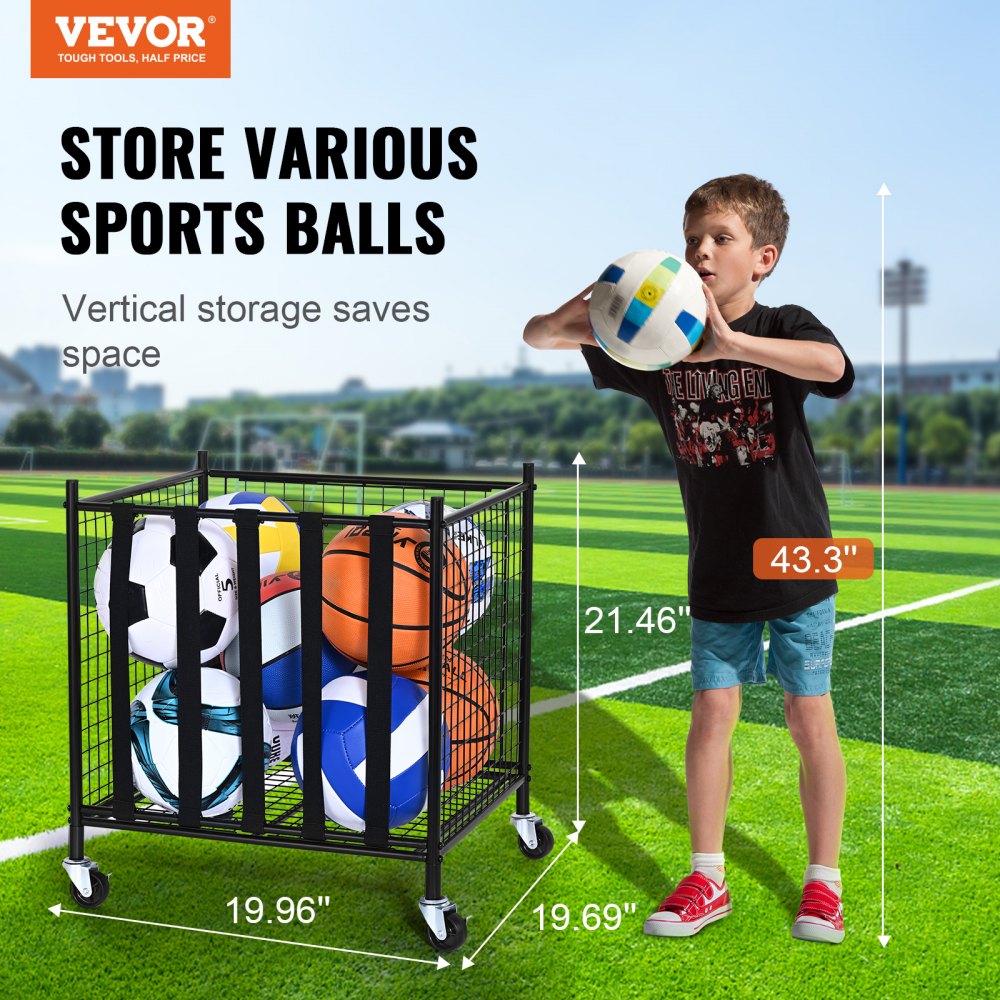 VEVOR Carro de almacenamiento de pelotas deportivas con ruedas, jaula de baloncesto con cerradura con correas elásticas, organizador de equipos deportivos para garajes, grupos de juegos, gimnasios