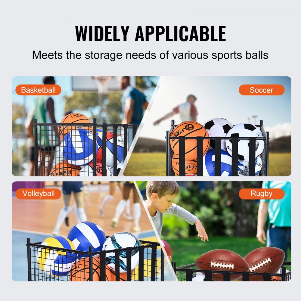 VEVOR Carro de almacenamiento de pelotas deportivas con ruedas, jaula de baloncesto con cerradura con correas elásticas, organizador de equipos deportivos para garajes, grupos de juegos, gimnasios