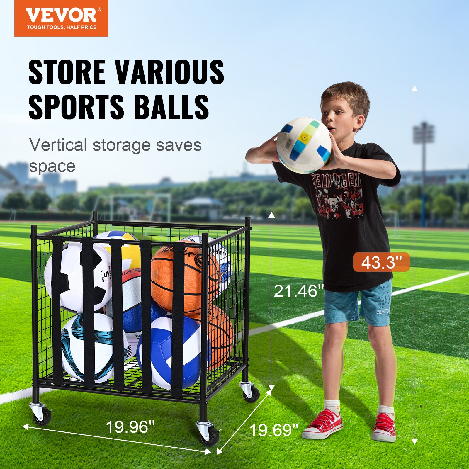 VEVOR Carro de almacenamiento de pelotas deportivas con ruedas, jaula de baloncesto con cerradura con correas elásticas, organizador de equipos deportivos para garajes, grupos de juegos, gimnasios