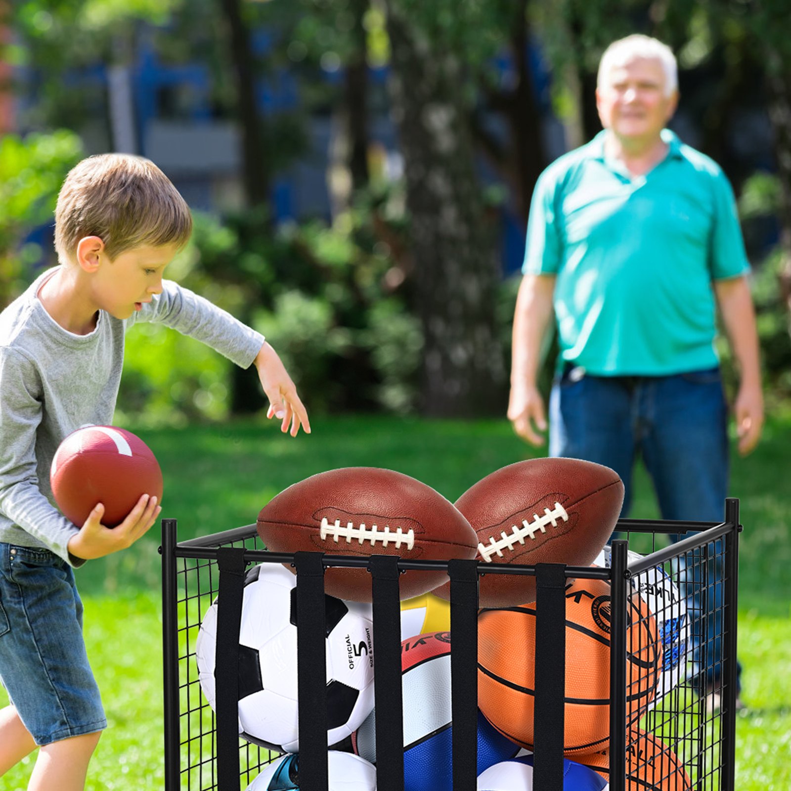 VEVOR Carro de almacenamiento de pelotas deportivas con ruedas, jaula de baloncesto con cerradura con correas elásticas, organizador de equipos deportivos para garajes, grupos de juegos, gimnasios