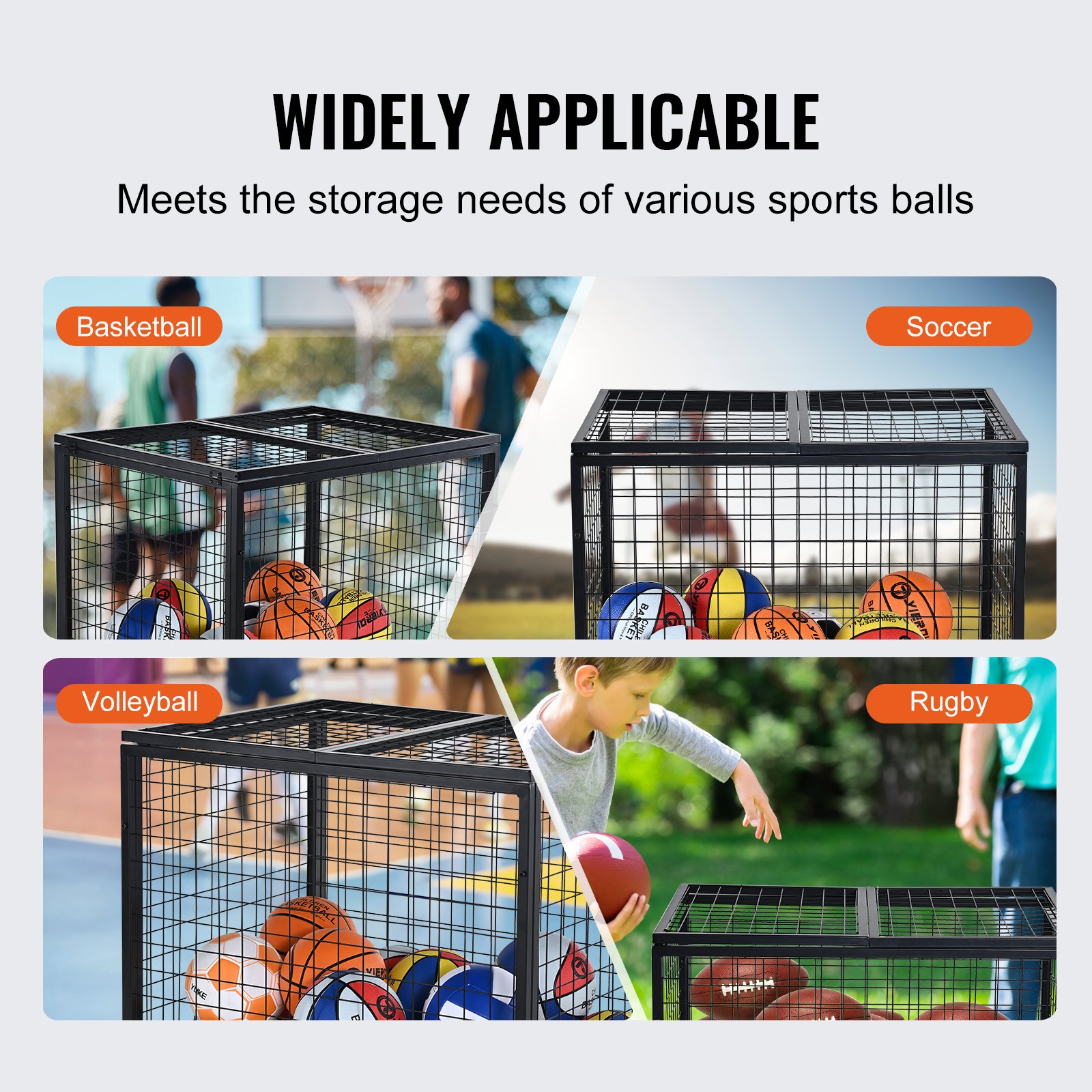 VEVOR Carro de Bolas con Cerradura 85x67,5x82,5 cm Jaula Móvil de Almacenamiento de Bolas con 4 Ruedas de Acero y Frenos Organizador para Equipo Deportivo Gimnasio Escuela Garaje Interior Exterior