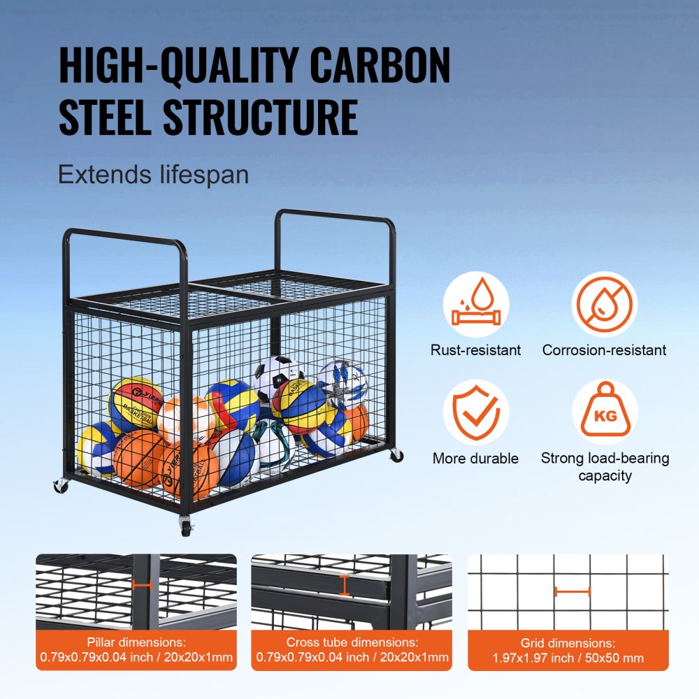 VEVOR Carro de Pelotas con Cerradura Jaula Móvil de Almacenamiento de Pelotas 115x61x91,2cm con 4 Ruedas de Acero y Frenos Organizador para Equipos Deportivos Gimnasio Escuela Garaje Interior Exterior