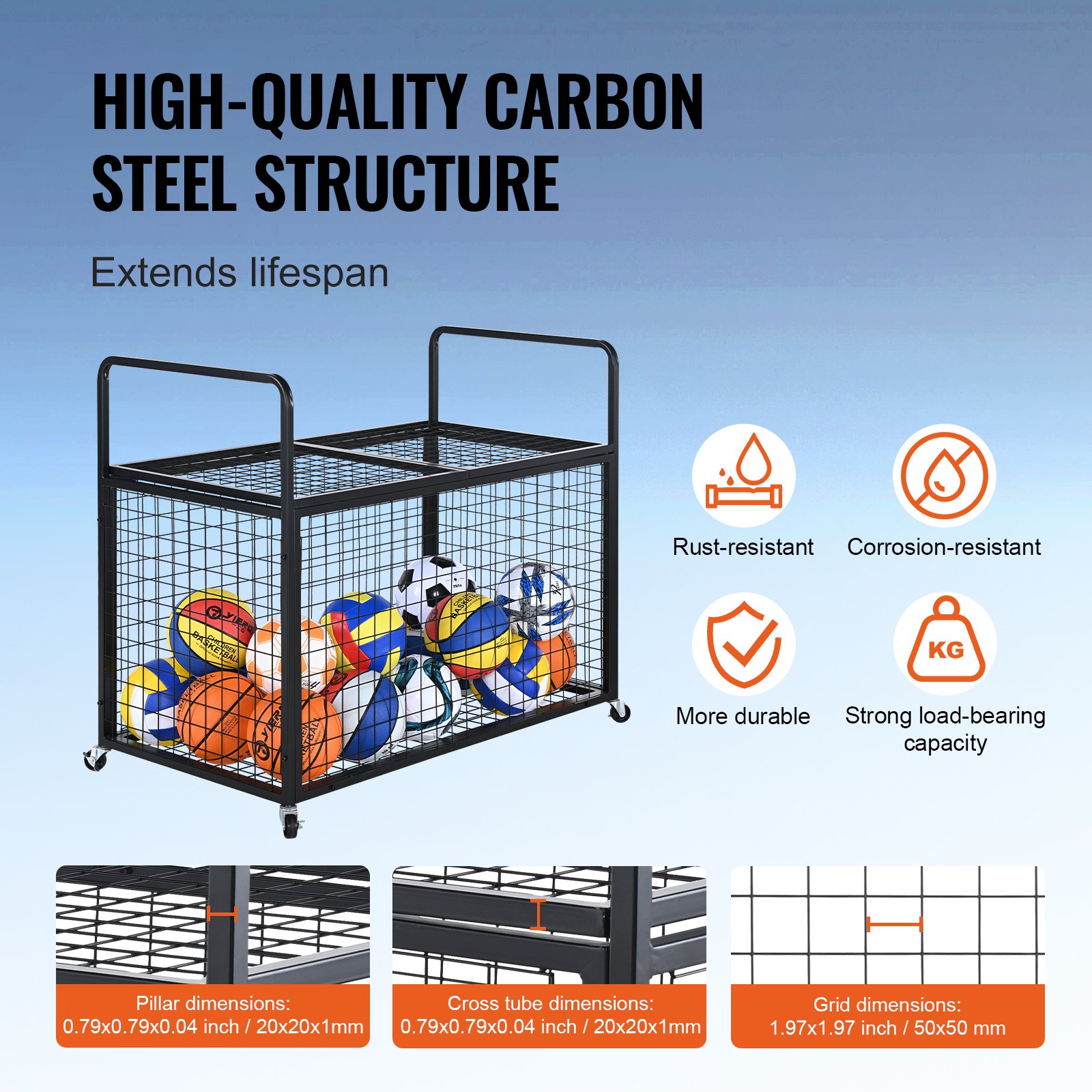 VEVOR Carro de Pelotas con Cerradura Jaula Móvil de Almacenamiento de Pelotas 115x61x91,2cm con 4 Ruedas de Acero y Frenos Organizador para Equipos Deportivos Gimnasio Escuela Garaje Interior Exterior
