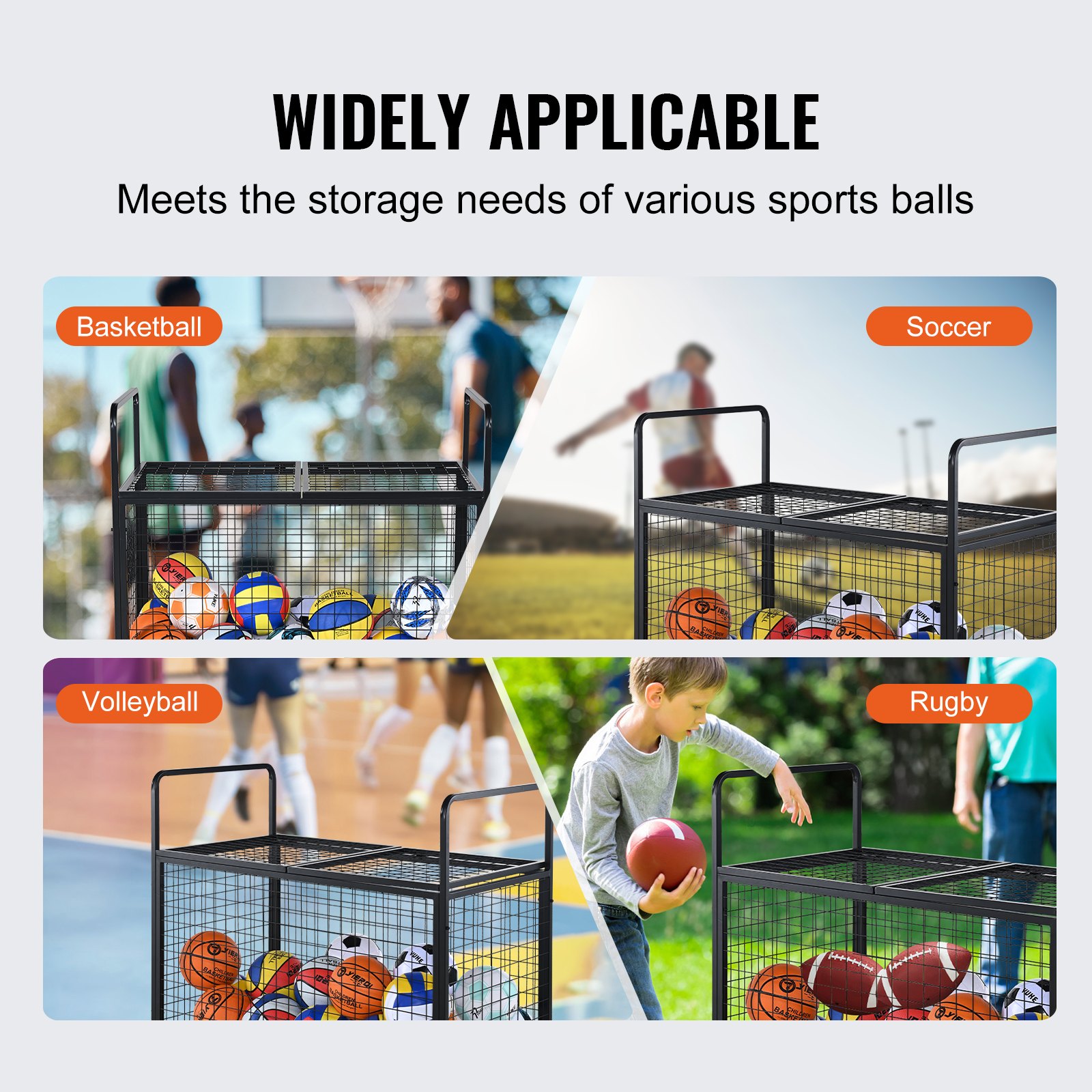 VEVOR Carro de Pelotas con Cerradura Jaula Móvil de Almacenamiento de Pelotas 115x61x91,2cm con 4 Ruedas de Acero y Frenos Organizador para Equipos Deportivos Gimnasio Escuela Garaje Interior Exterior