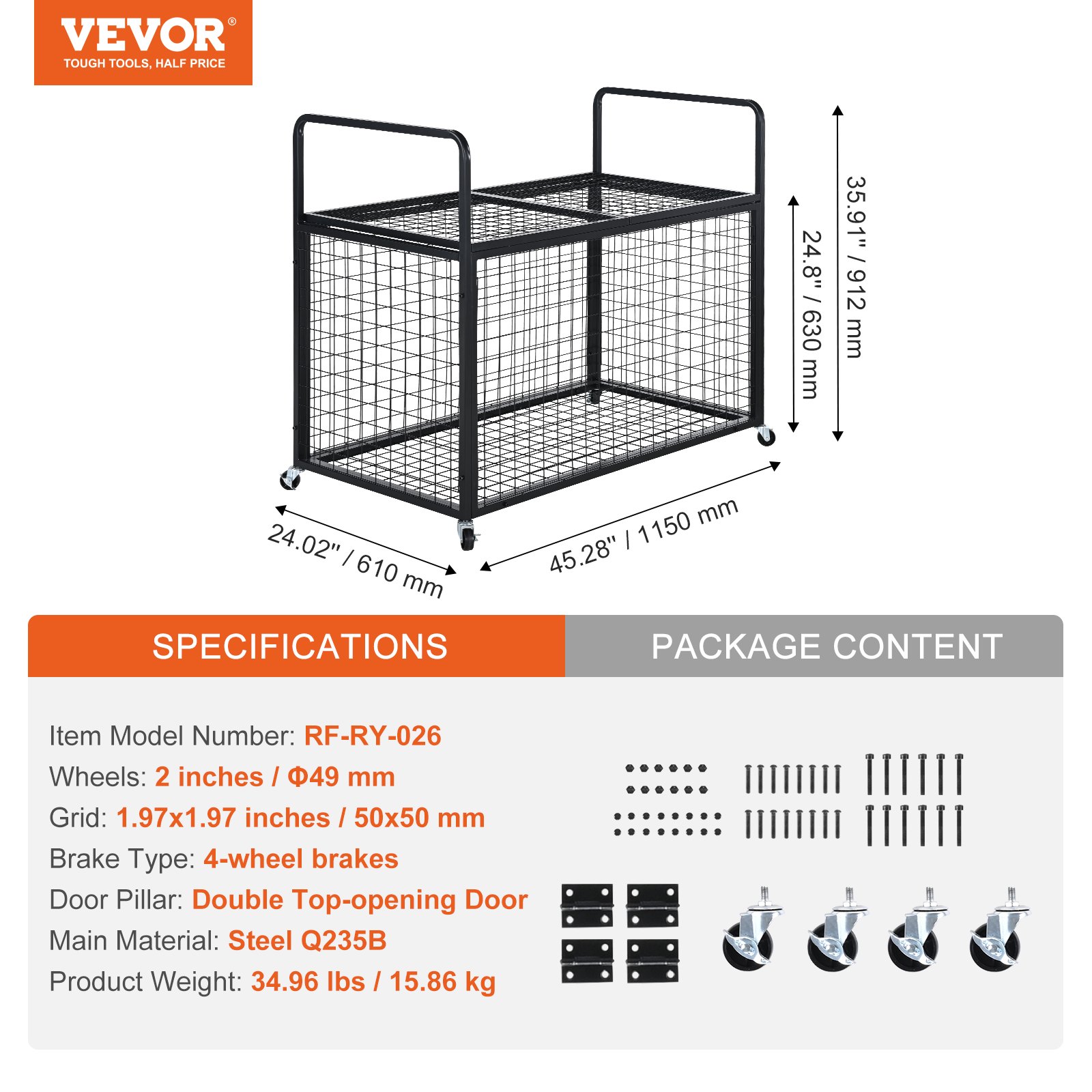 VEVOR Carro de Pelotas con Cerradura Jaula Móvil de Almacenamiento de Pelotas 115x61x91,2cm con 4 Ruedas de Acero y Frenos Organizador para Equipos Deportivos Gimnasio Escuela Garaje Interior Exterior