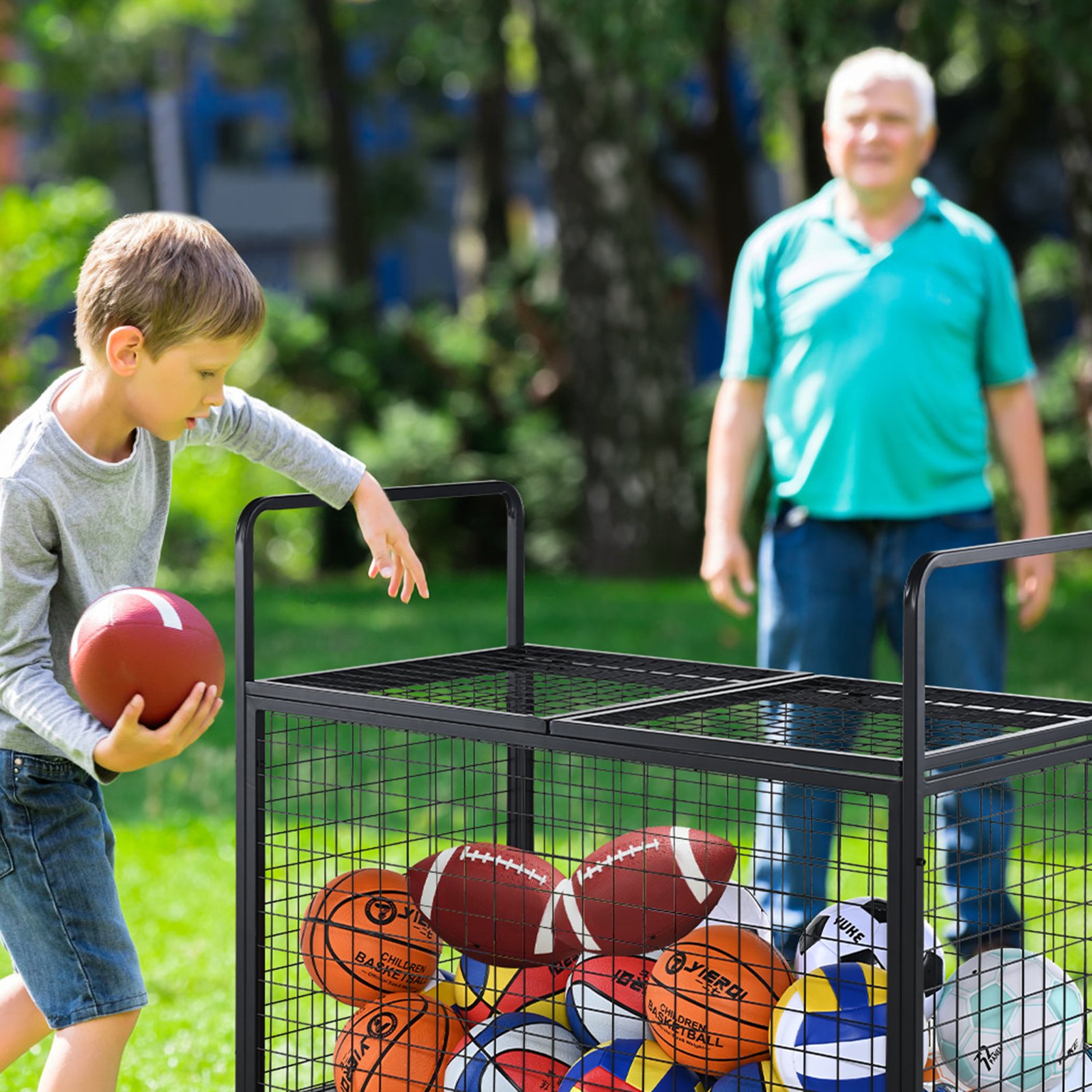 VEVOR Carro de Pelotas con Cerradura Jaula Móvil de Almacenamiento de Pelotas 115x61x91,2cm con 4 Ruedas de Acero y Frenos Organizador para Equipos Deportivos Gimnasio Escuela Garaje Interior Exterior