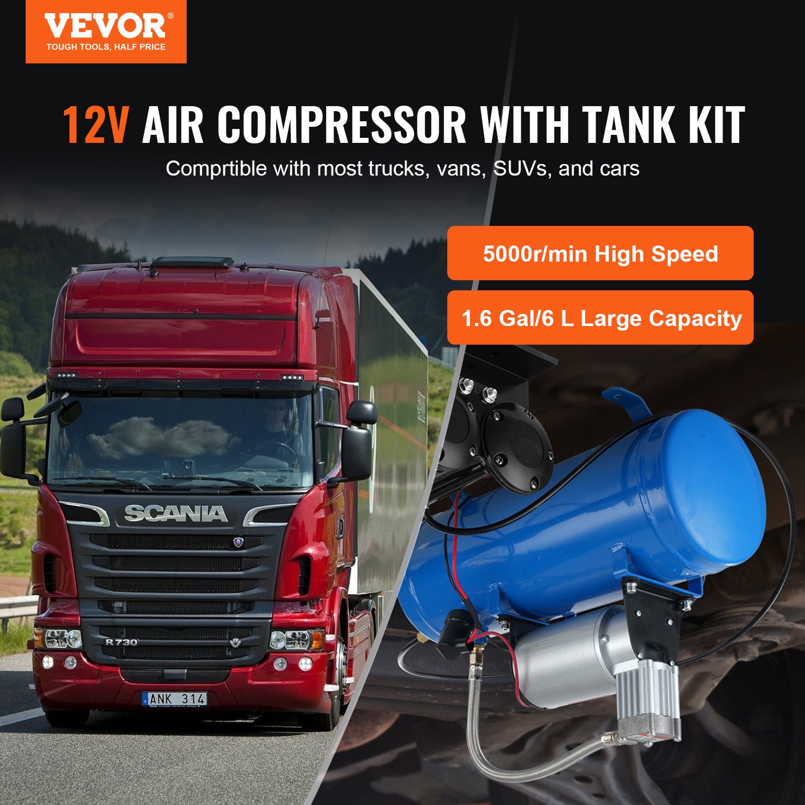 VEVOR Compresor de Aire para Kit de Bocina 90-120 psi Bomba de Aire con Tanque de 6 L para Inflar Neumáticos Colchones de Aire Compatible con Todos los Vehículos de 12 V Trenes Barcos Coches Taller