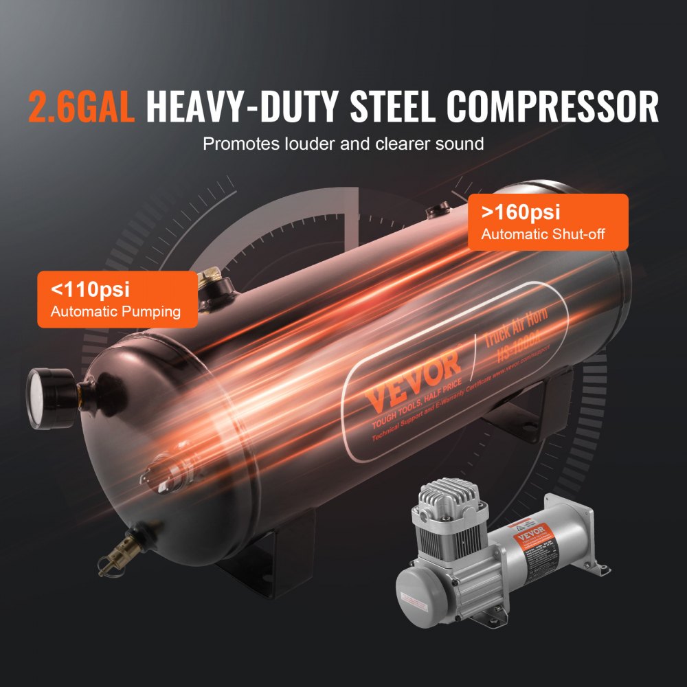 VEVOR Kit de 4 Bocinas de Trompeta Bocina de Automóvil de 150dB con Compresor de Aire de 110-160 PSI Tanque de Aire de 10L Bocina de Aire Universal de 12 V para Todos los Vehículos Trenes Barcos Auto