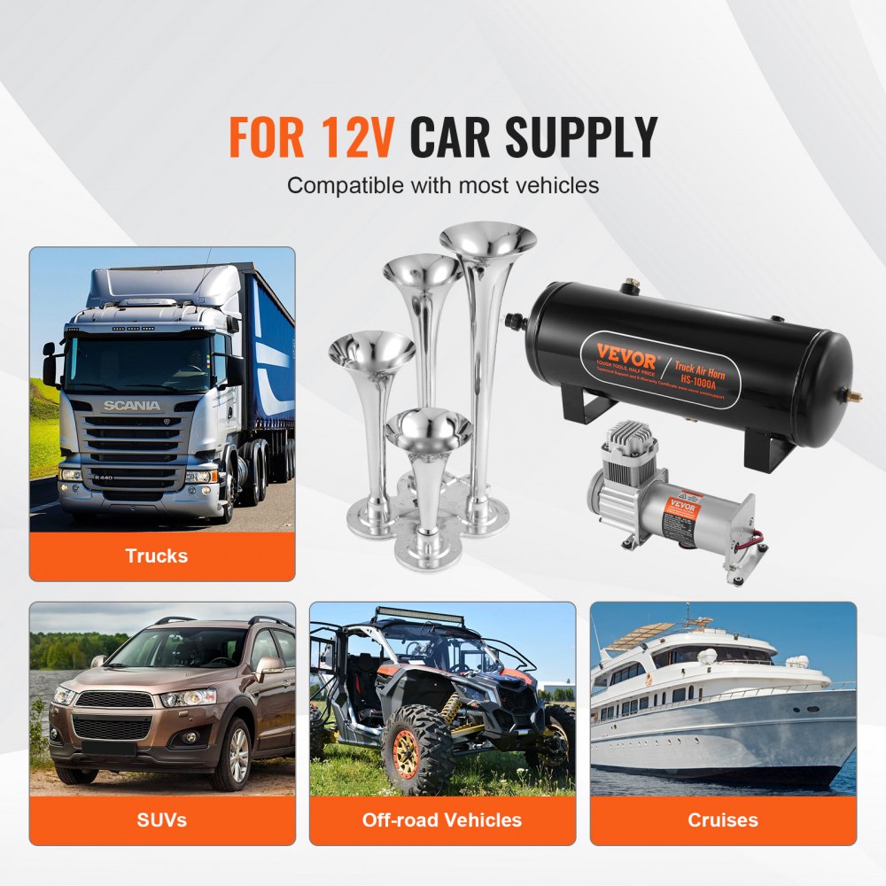 VEVOR Kit de 4 Bocinas de Trompeta Bocina de Automóvil de 150dB con Compresor de Aire de 110-160 PSI Tanque de Aire de 10L Bocina de Aire Universal de 12 V para Todos los Vehículos Trenes Barcos Auto