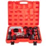 Estuche rojo con kit de prensa de rótula VEVOR, que incluye marco en C, adaptadores y copas de instalación perfectamente organizados.