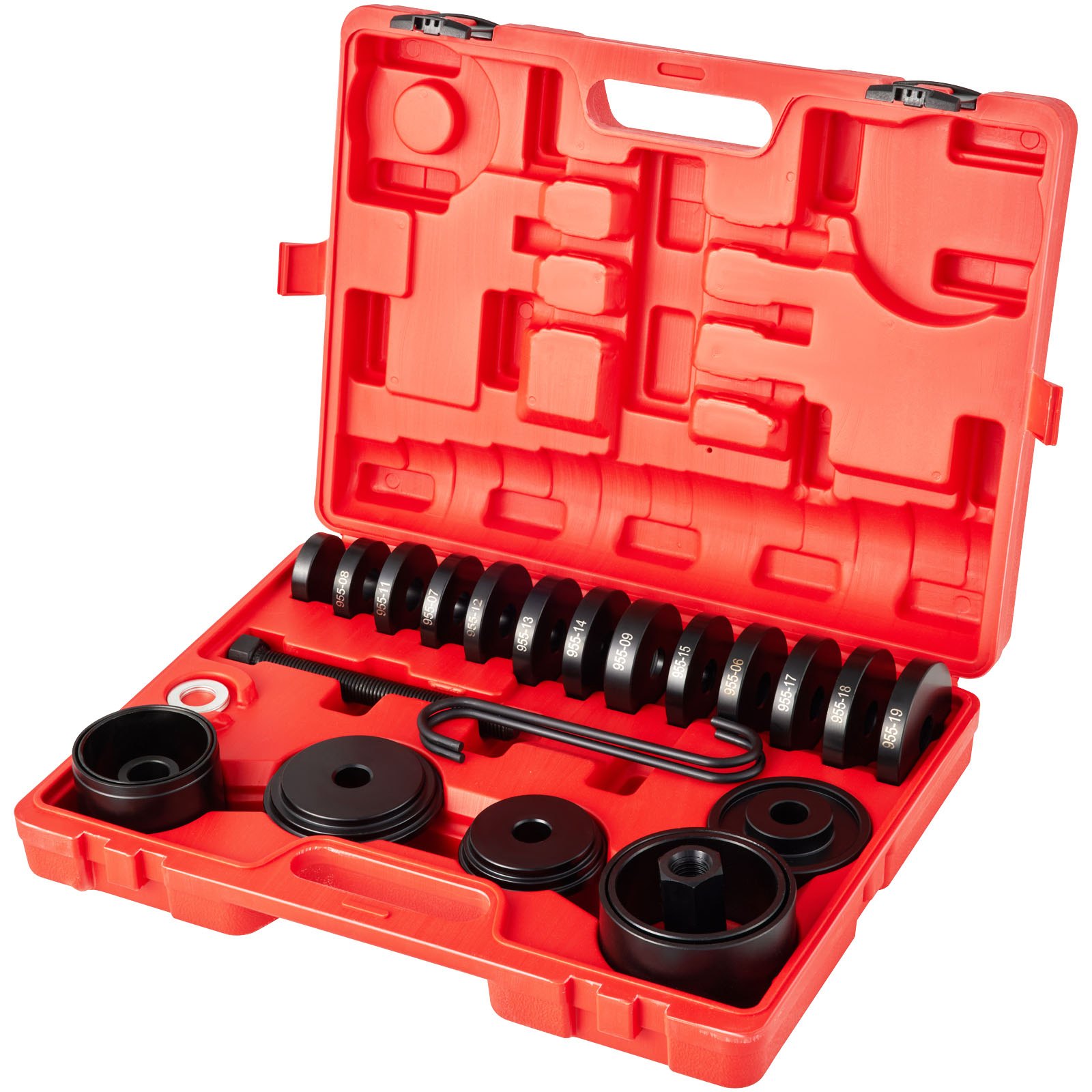 Juego de extractor de cojinetes de tracción delantera VEVOR en un estuche de transporte rojo con varias herramientas y accesorios.