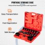 Estuche de almacenamiento rojo abierto con kit extractor de cojinetes de tracción delantera VEVOR organizado, etiquetado para facilitar el transporte.