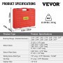 Estuche extractor de cojinetes de tracción delantera VEVOR rojo, dimensiones etiquetadas y especificaciones en libras/kg.