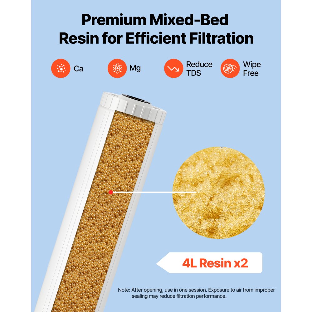 VEVOR Filtro Desionizado 2 x 4 L de Resina DI de Lecho Mixto, Cartucho de Resina para Sistema de Lavado Impecable, con Sistemas de Agua Desionizada PRS-207SLXC, PRS-TCXC, PRS-TCXC-PT y PRS-207XCGB