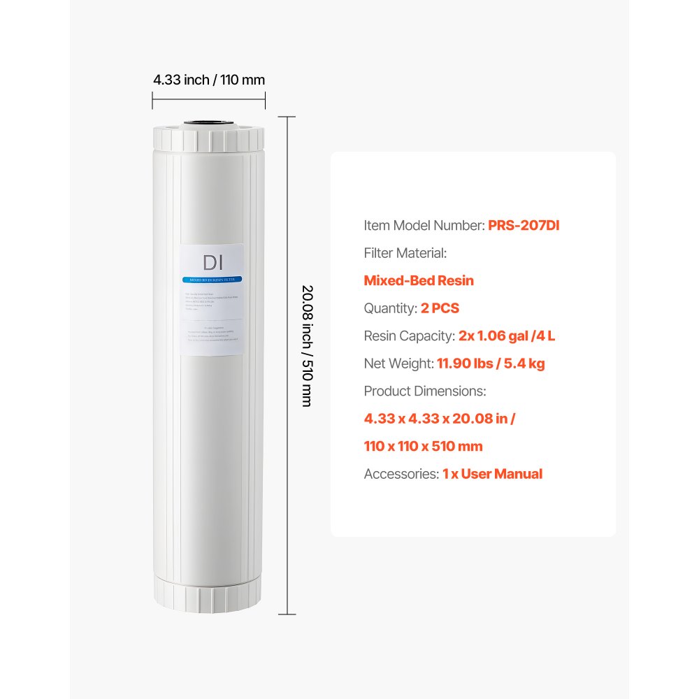 VEVOR Filtro Desionizado 2 x 4 L de Resina DI de Lecho Mixto, Cartucho de Resina para Sistema de Lavado Impecable, con Sistemas de Agua Desionizada PRS-207SLXC, PRS-TCXC, PRS-TCXC-PT y PRS-207XCGB