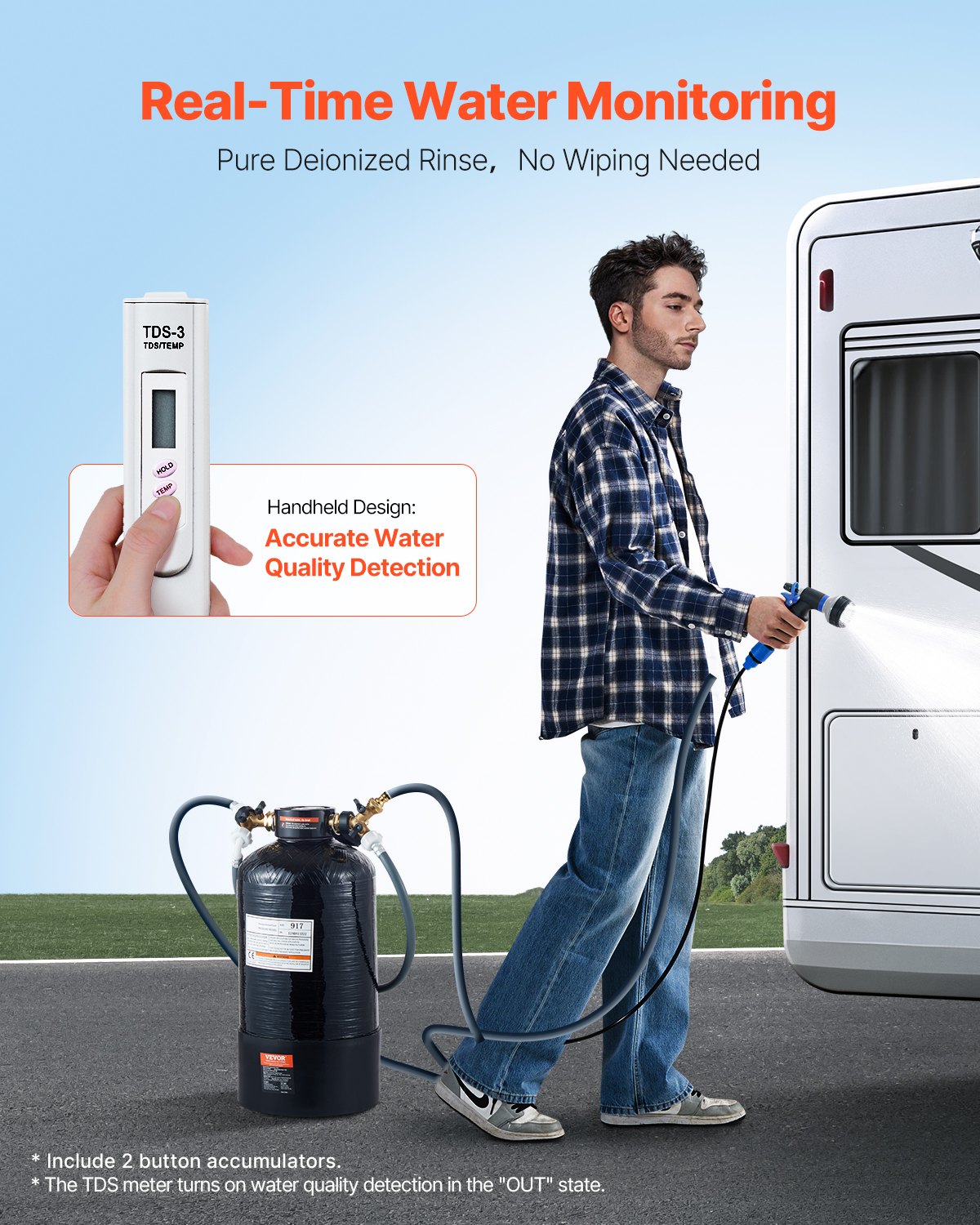 VEVOR Sistema de Agua Desionizada para Lavado de Autos, con Medidor TDS Portátil, Filtro Quitamanchas Agua Impecable con Modo Salida Dual, Apto para Autos, Vehículos Recreativos, Φ 234,5 x 492 mm